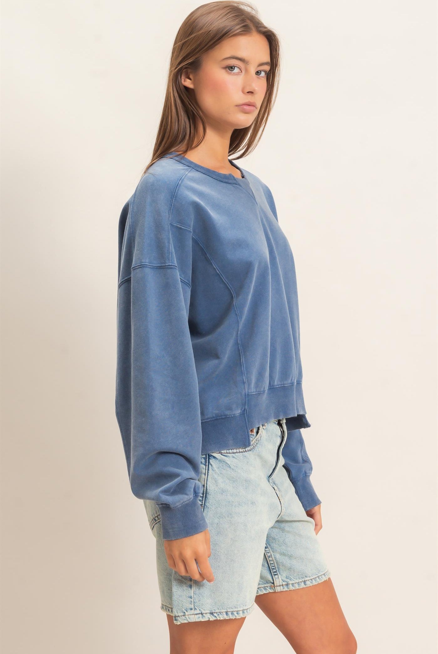 Wholesale Acid Wash Seam Detail Crew Neck Sweatshirt Sweatshirts DZ26E260 NAVY DOUBLE ZERO