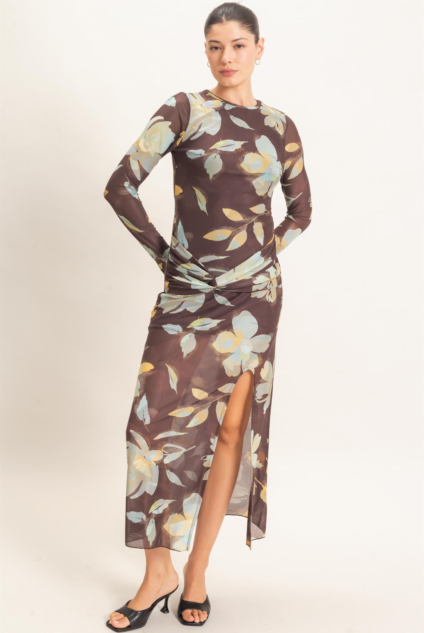 Wholesale Floral Mesh Knit Dress Dresses HF26E307 BROWN HYFVE