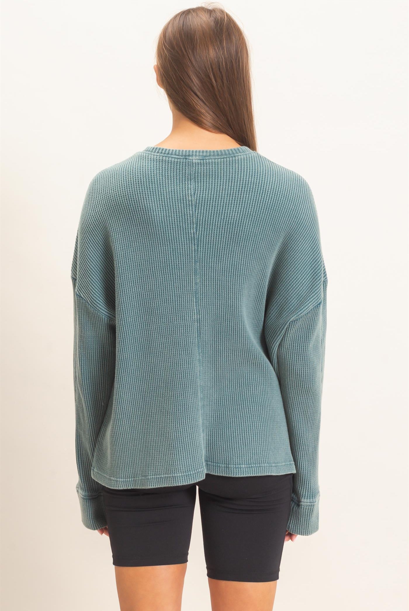 Wholesale Mineral Wash Waffle Long Sleeve Top Clothing Tops DZ26F242 DARK TEAL DOUBLE ZERO