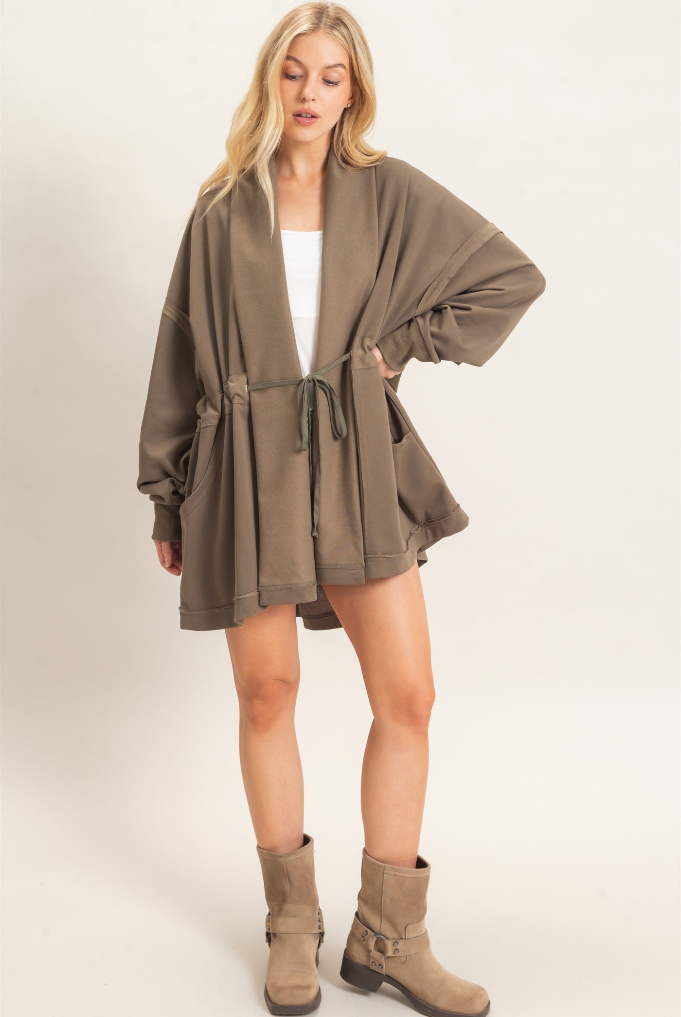 Wholesale Open Front Tie Waist Cardigan Cardigans HF26C778 OLIVE HYFVE