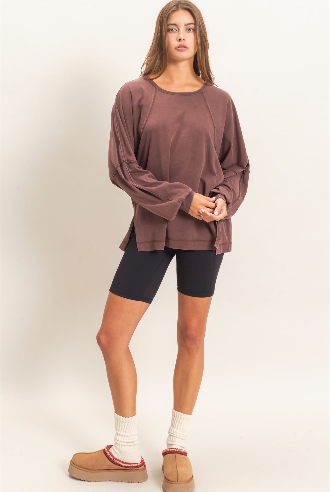 Wholesale Raglan Sleeve Snow Wash Top Shirts DZ26E945 DARK BROWN DOUBLE ZERO
