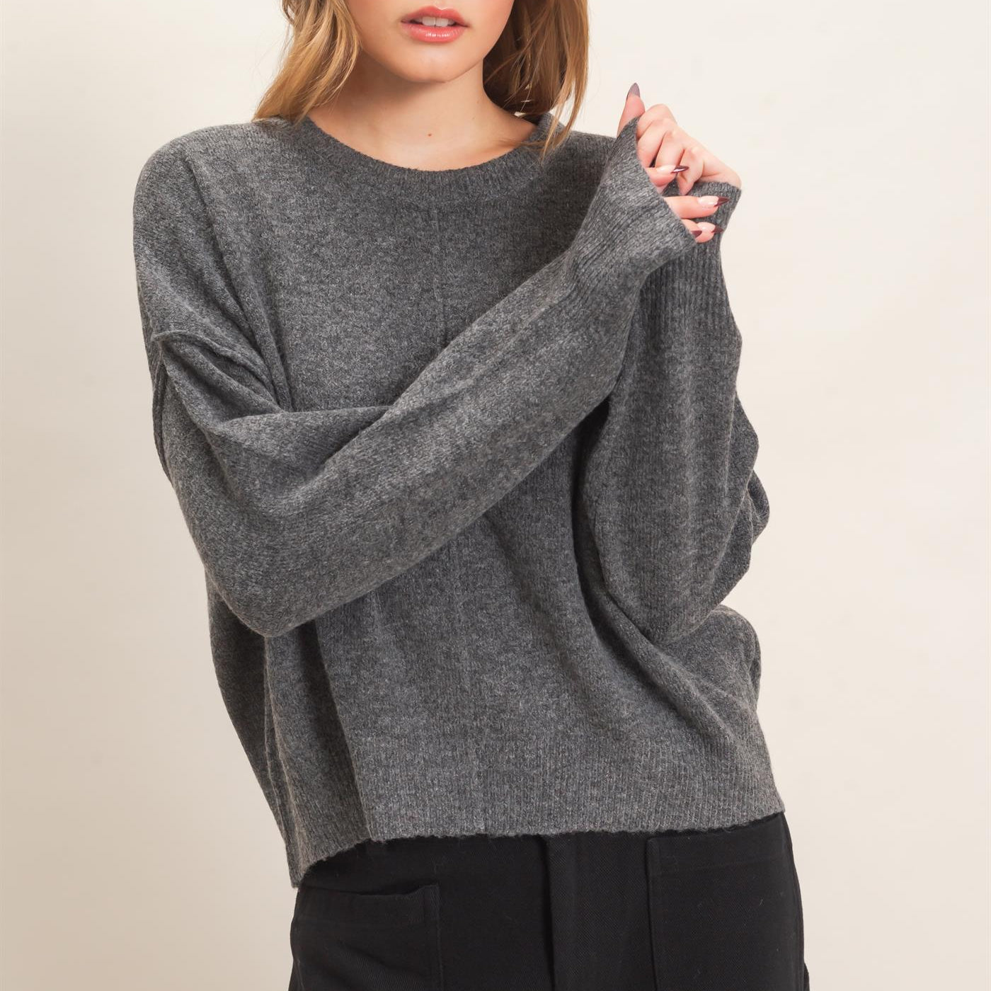 Wholesale Crew Neck Sweater With Ribbed Hem Sweaters HF26E203-D CHARCOAL HYFVE