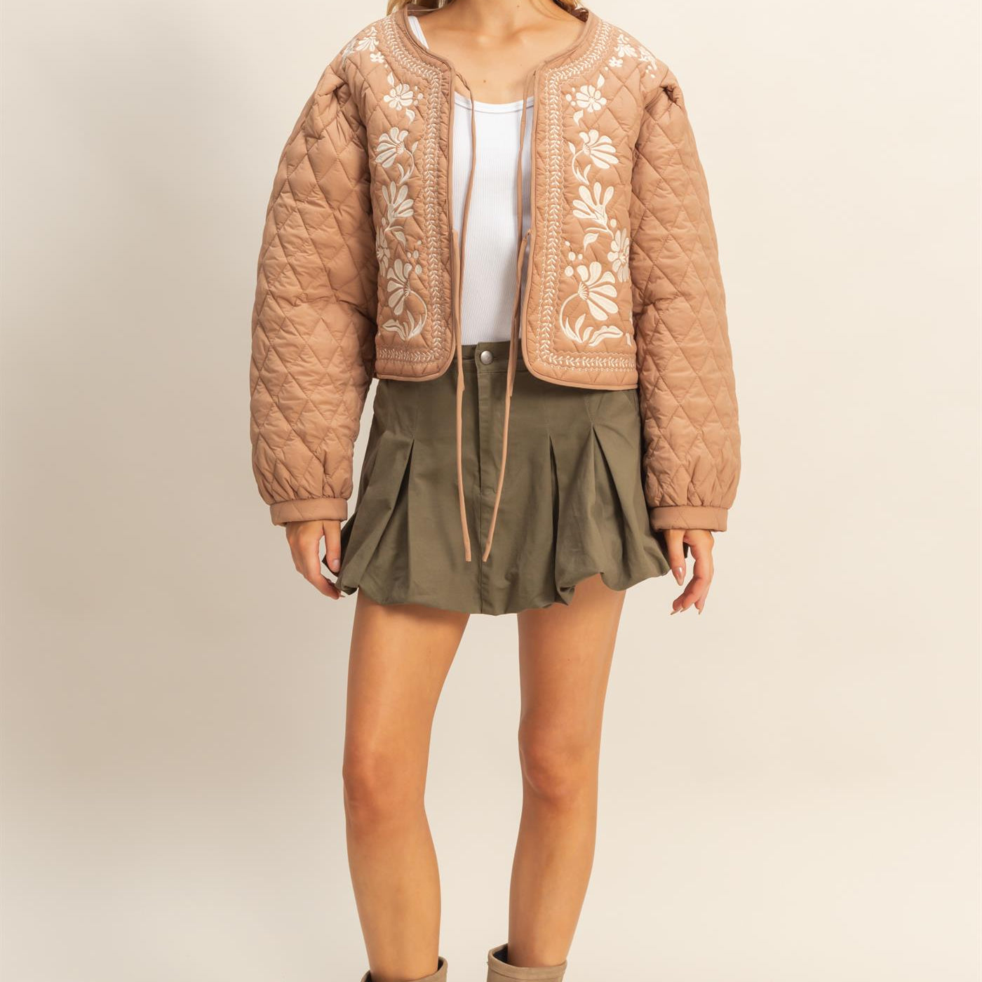 Wholesale Quilted Floral Embroidered Padding Jacket Coats & Jackets HF26A084 BROWN HYFVE