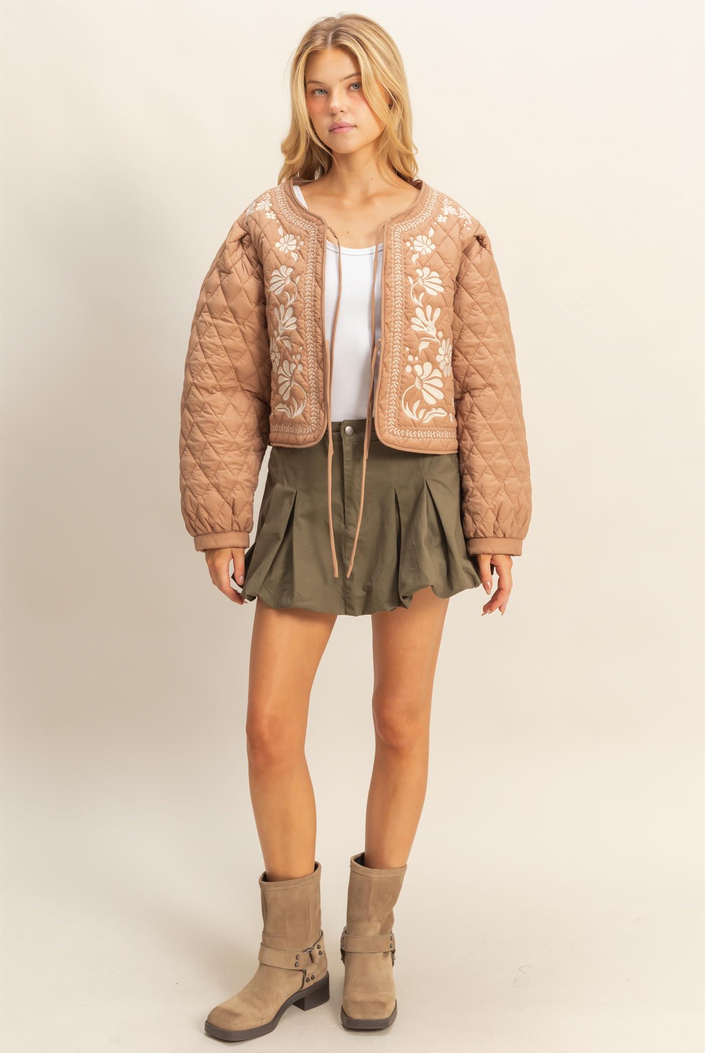 Wholesale Quilted Floral Embroidered Padding Jacket Coats & Jackets HF26A084 BROWN HYFVE