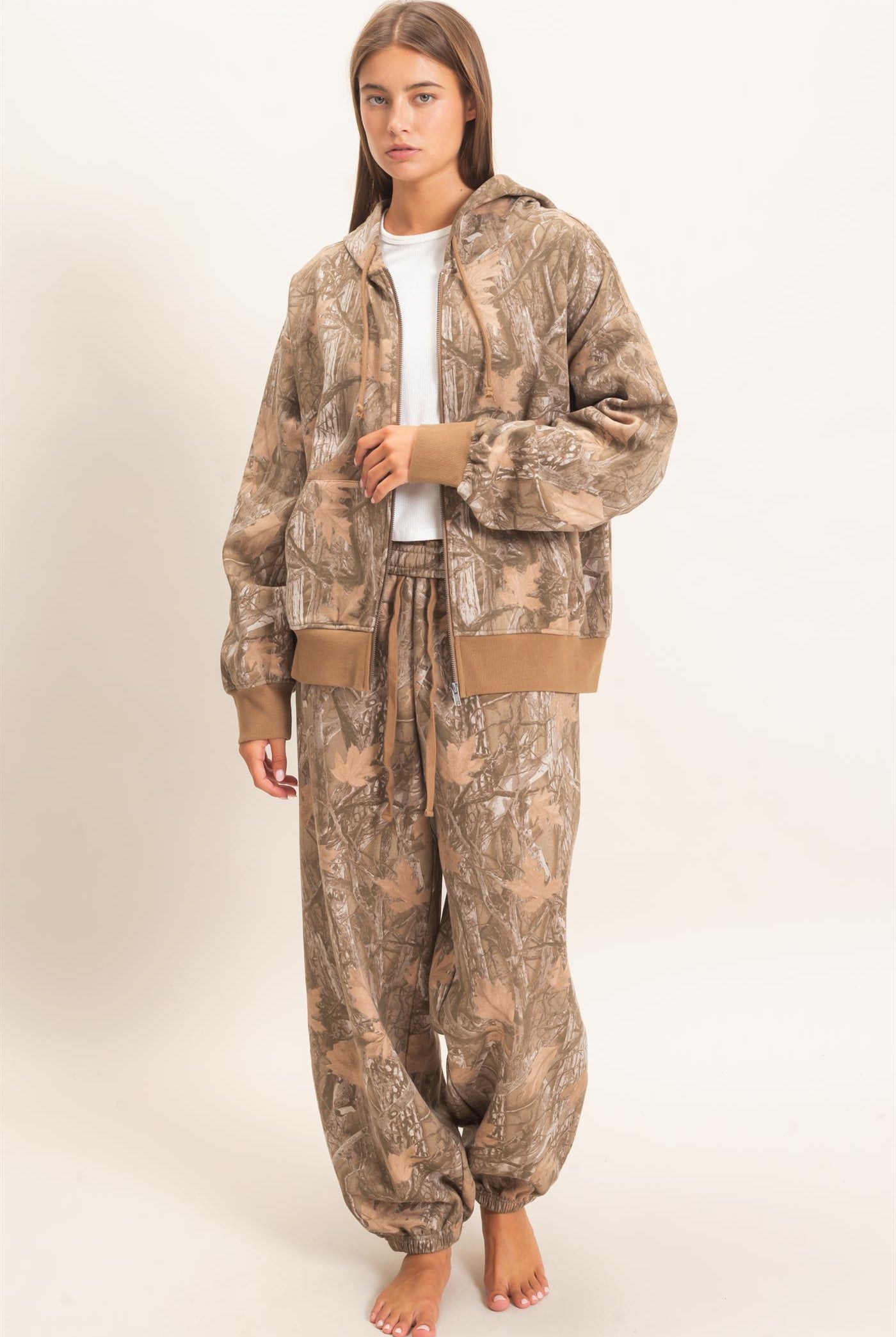 Wholesale Tree Camouflage Zip-Up Hoodie Outerwear DZ26E291 BROWN DOUBLE ZERO