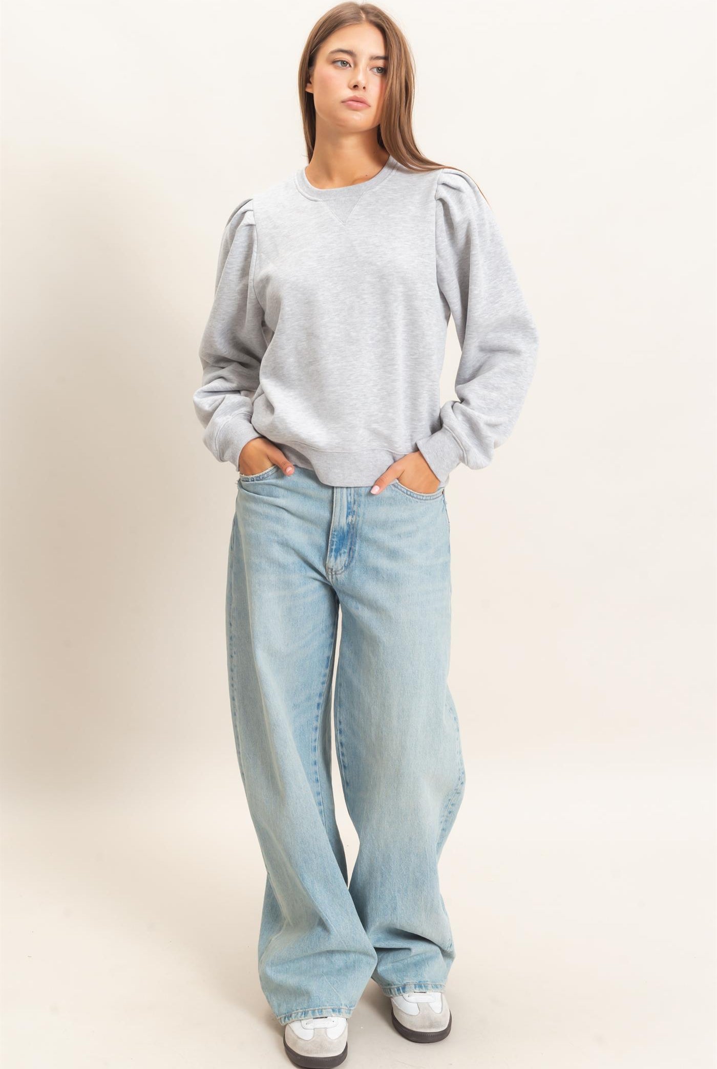 Wholesale Puff Sleeve Crew Neck Sweatshirt Sweatshirts DZ26E110 HEATHER GRAY DOUBLE ZERO
