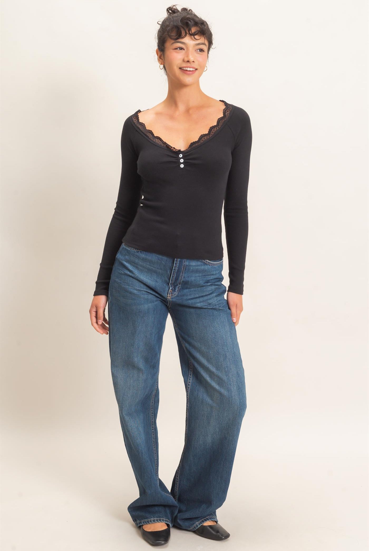 Wholesale Lace-Trim Henley Top Clothing Tops DZ26E325 BLACK DOUBLE ZERO