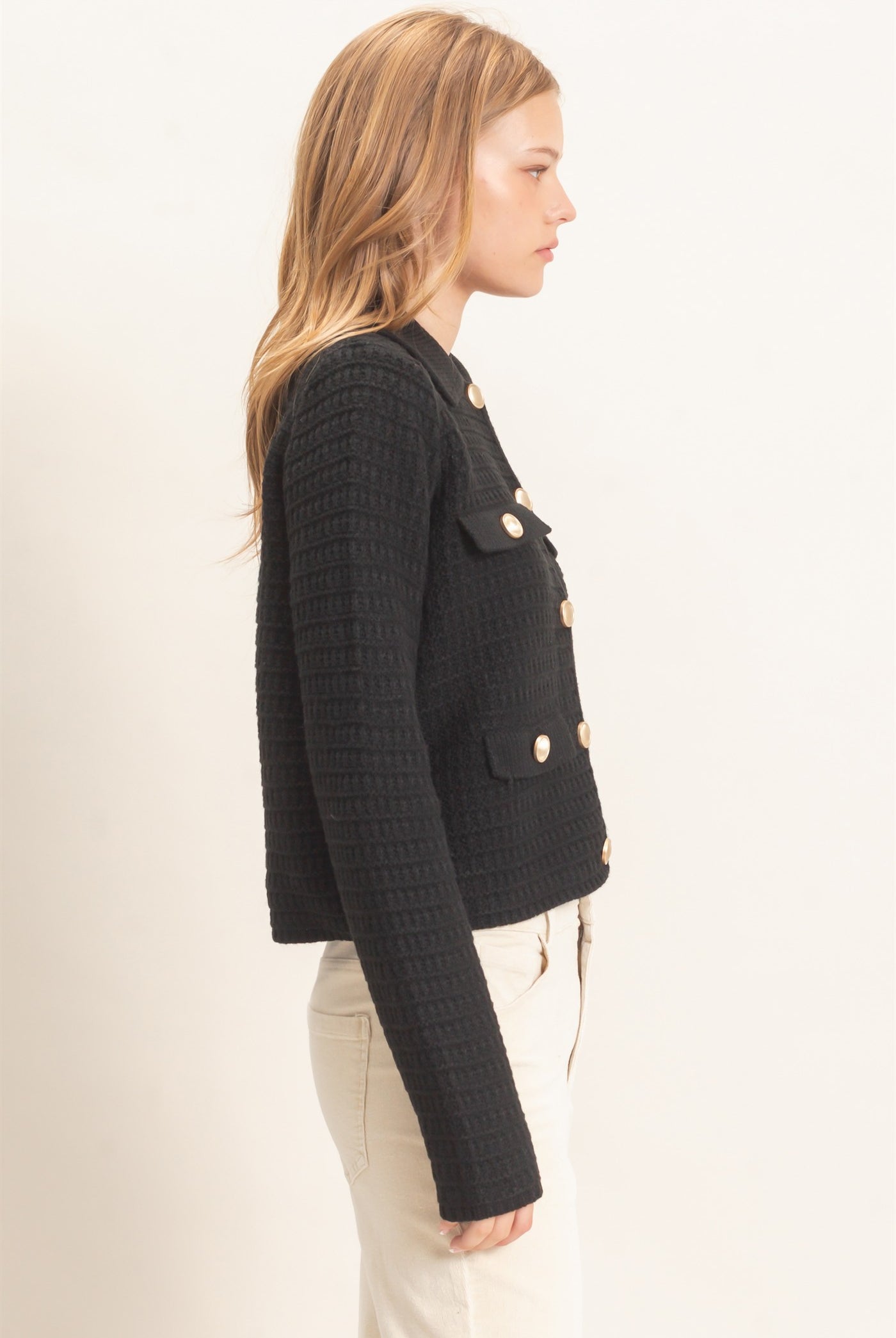 Wholesale Textured Collared Sweater Jacket Cardigans HF26F190 BLACK HYFVE