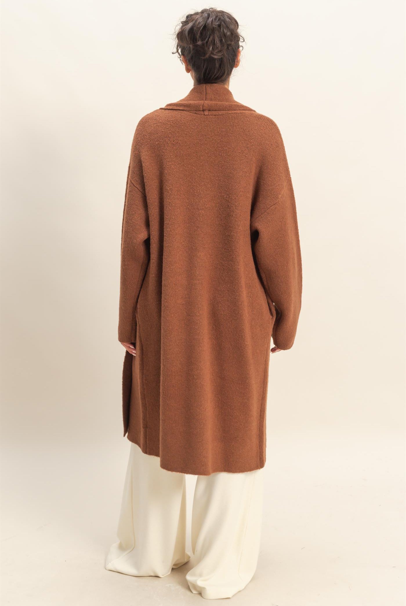 Wholesale Longline Open Front Duster Sweater Cardigans DZ25F435 CHESTNUT DOUBLE ZERO