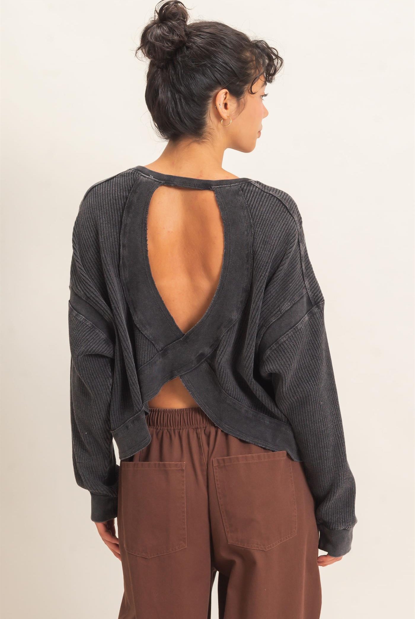 Wholesale Mineral Wash Waffle Open Back Top Clothing Tops DZ26C964 BLACK DOUBLE ZERO