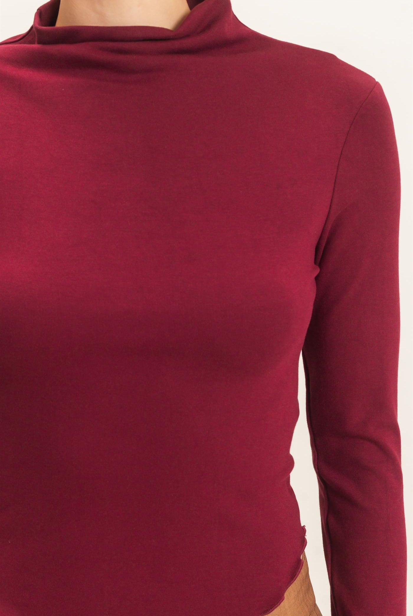 Wholesale Long Sleeve Lettuce Hem Top Clothing Tops HF26F122 BURGUNDY HYFVE