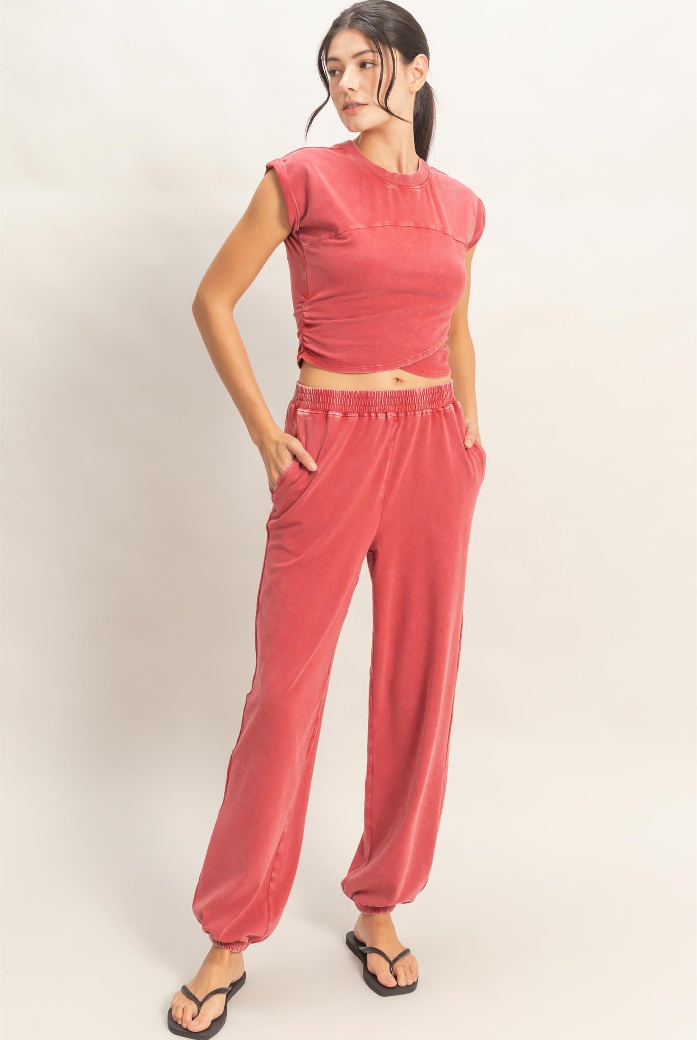 Wholesale Rolled Sleeve Wrap-Front Crop Top And Jogger Set Clothing DZ26A172-SET DARK RED DOUBLE ZERO