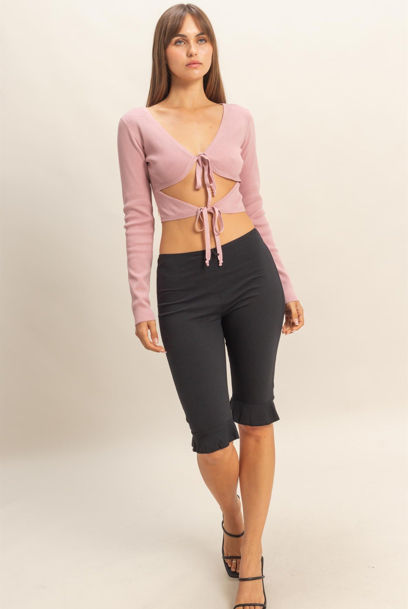 Wholesale Double Tie Cutout Crop Top Clothing Tops HF22C905 MAUVE HYFVE