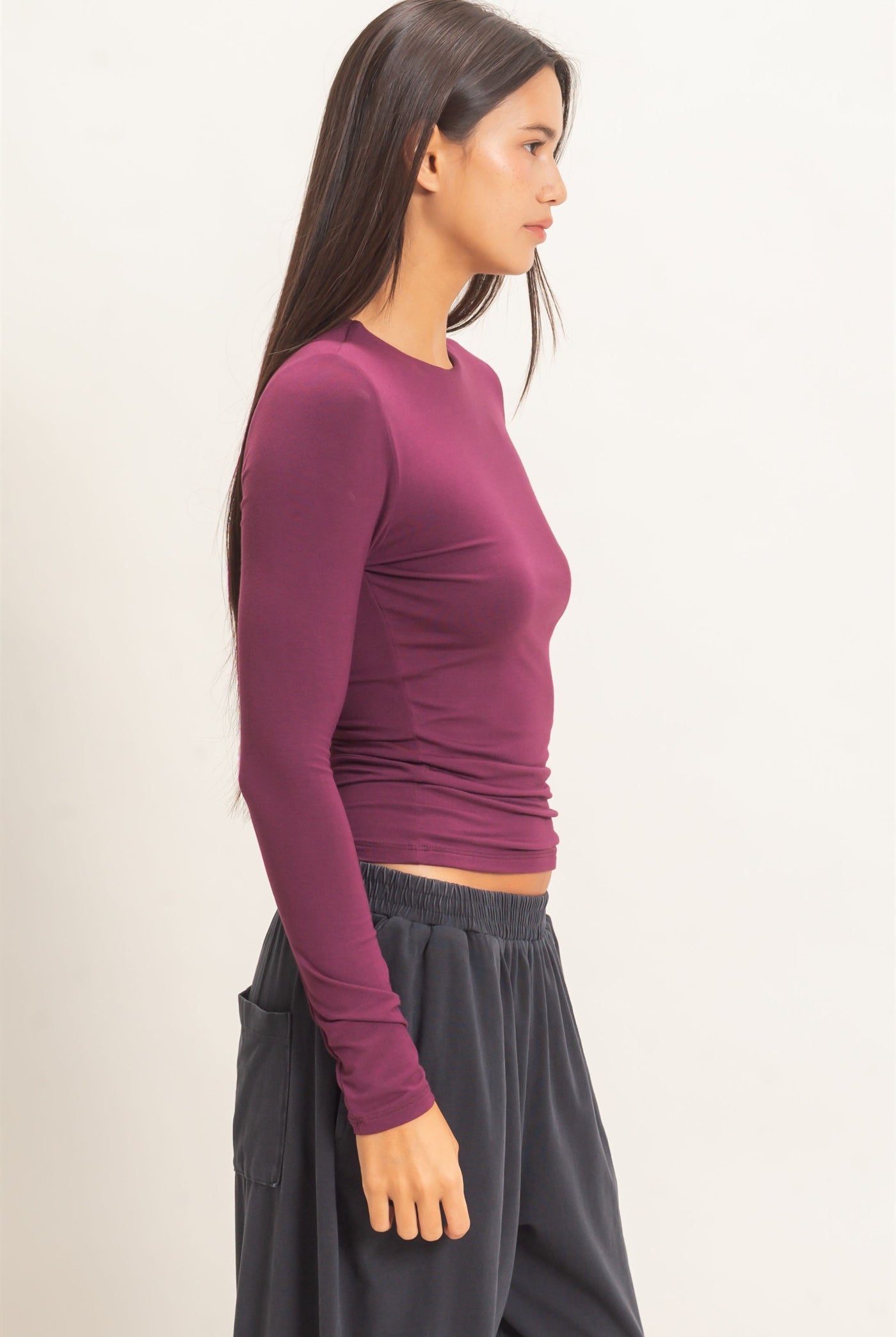 Wholesale Crew Neck Long Sleeve Top Clothing Tops DZ26E978 DARK CHERRY DOUBLE ZERO