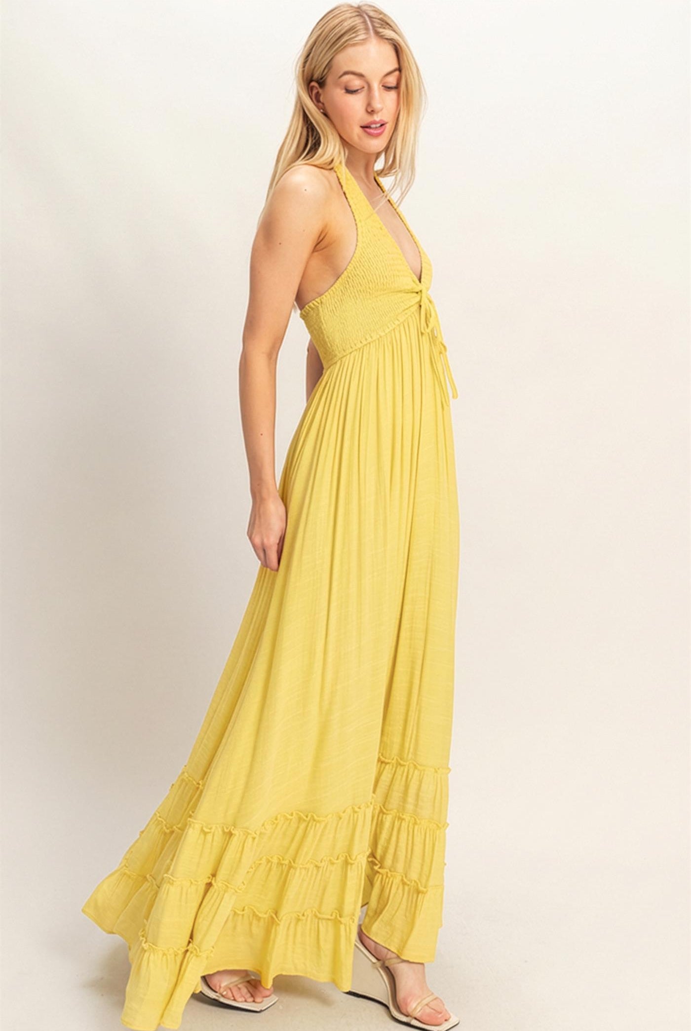Wholesale Halter Neck Smocked Maxi Dress Dresses HF26C287-D LIGHT YELLOW HYFVE