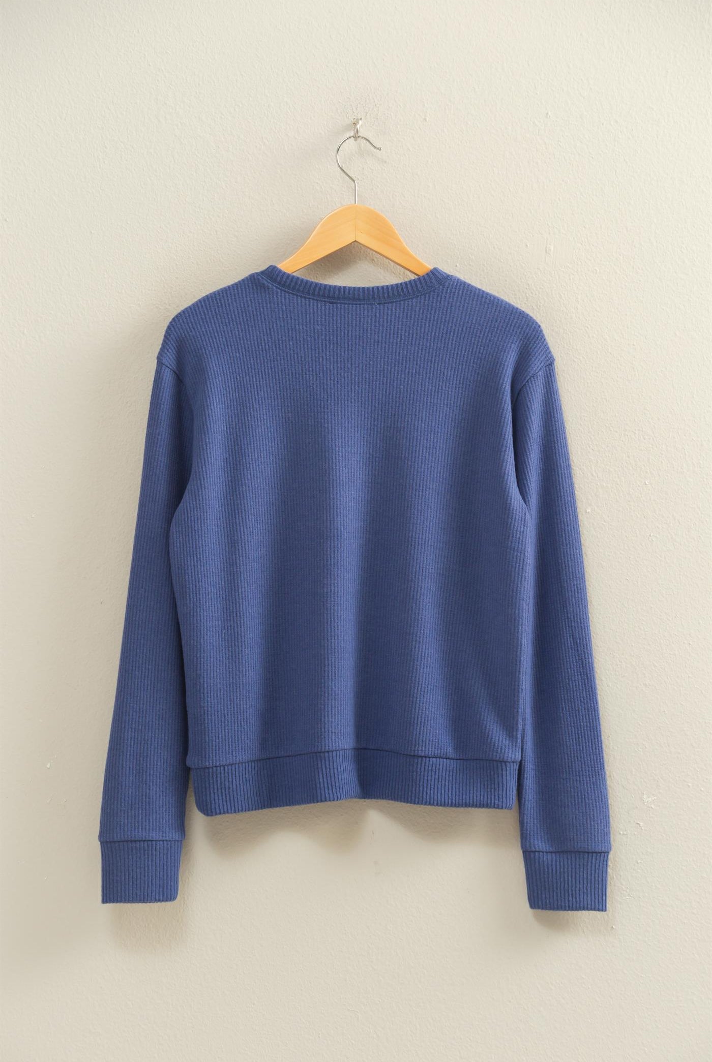 Wholesale Brushed Waffle Crew Neck Long Sleeve Top Clothing Tops DZ26A177 DUSTY INDIGO DOUBLE ZERO