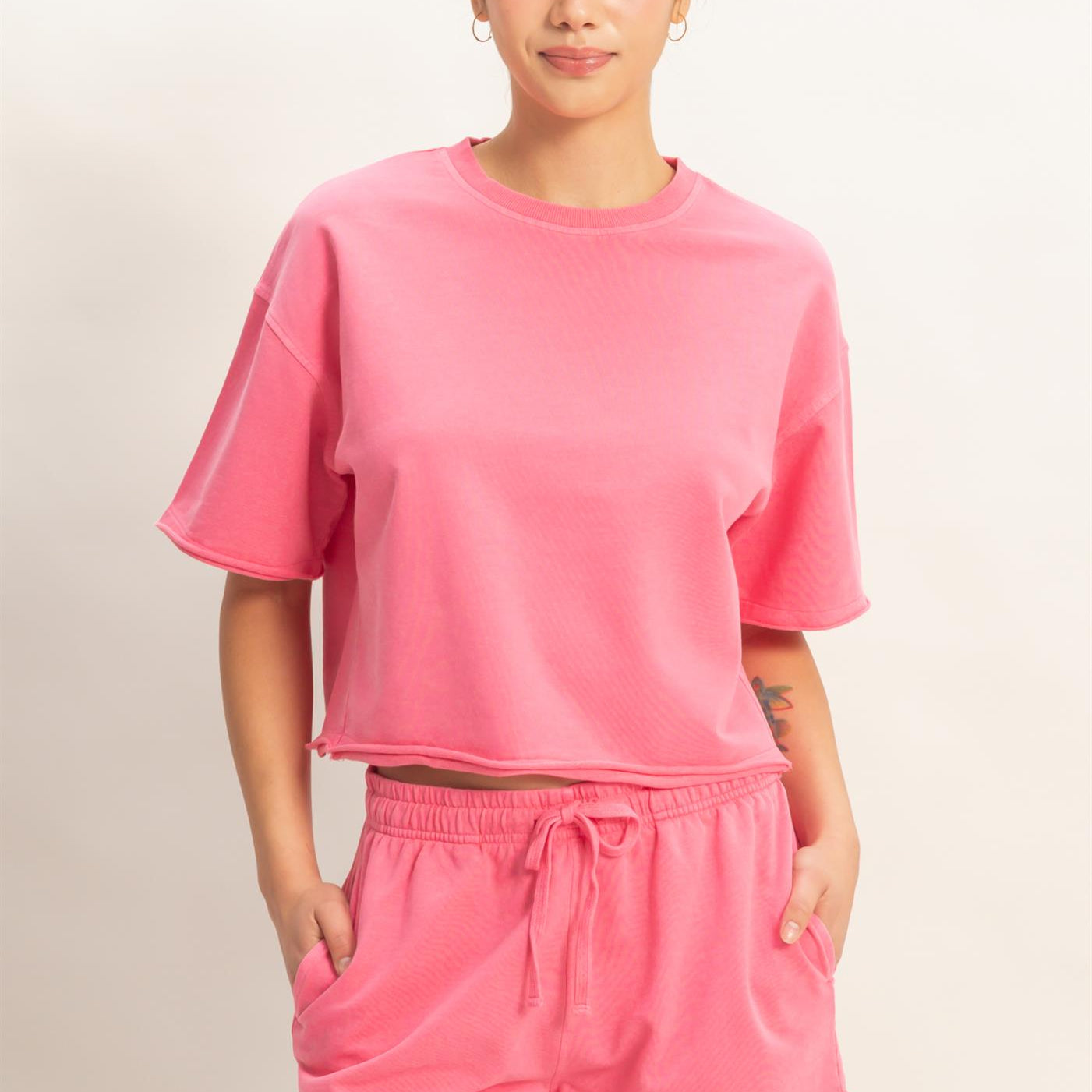 Wholesale Short Sleeve Crew Neck Top And Shorts Set Clothing DZ26C668-SET TAFFY PINK DOUBLE ZERO