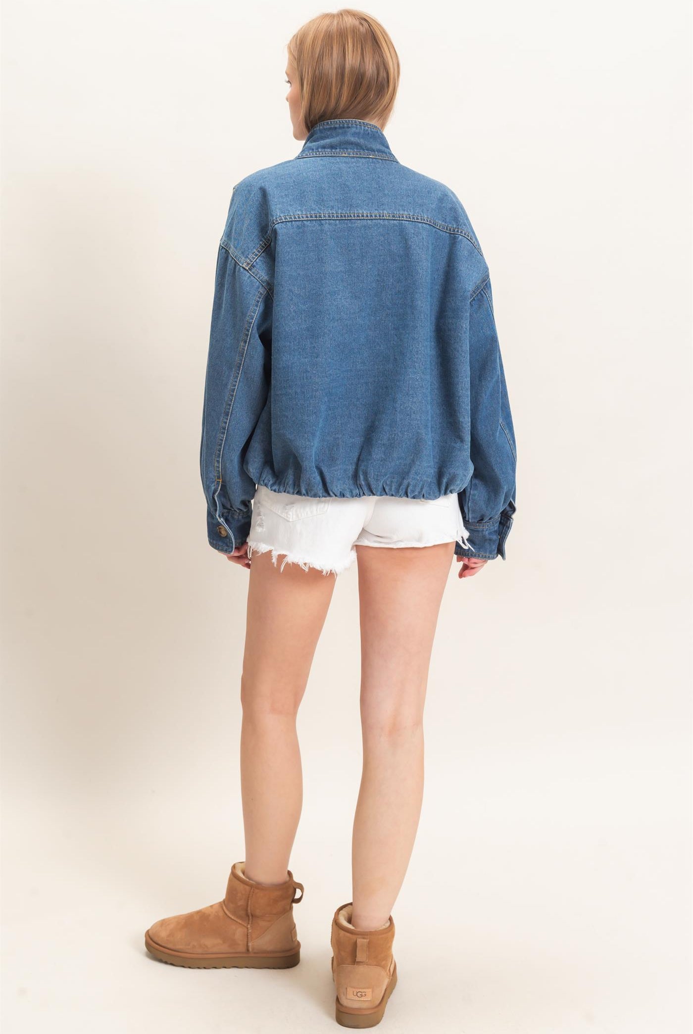 Wholesale High Collar Denim Bomber Jacket Coats & Jackets HF26E090-D LIGHT DENIM HYFVE