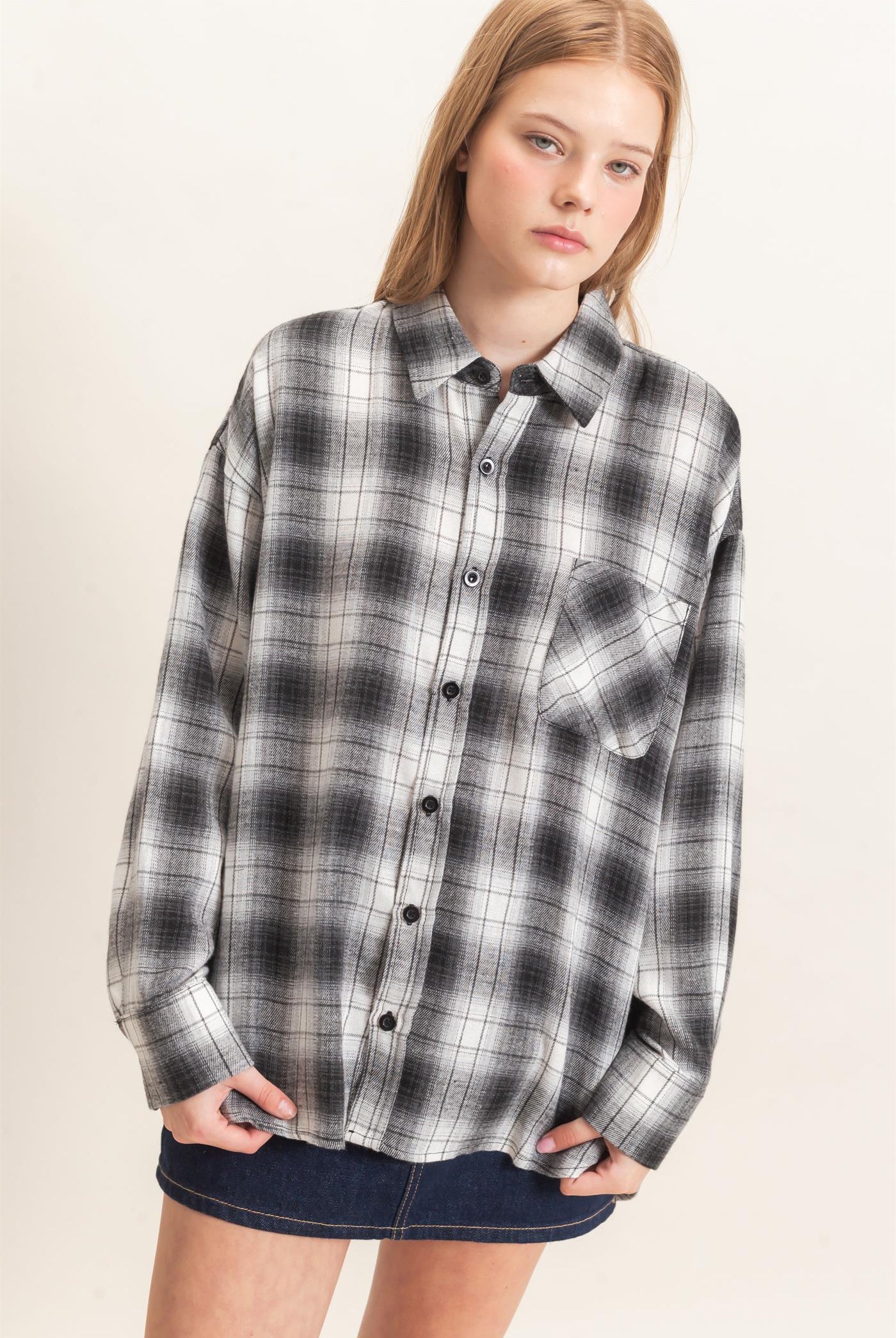 Wholesale Plaid Button-Up Shirt Clothing Tops HF26F017 BLACK HYFVE