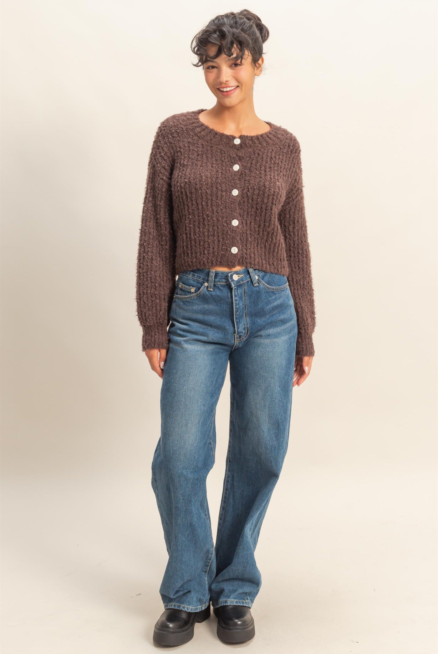 Wholesale Fluffy Knit Button-Up Cardigan Sweater Cardigans DZ25E592 CHESTNUT DOUBLE ZERO