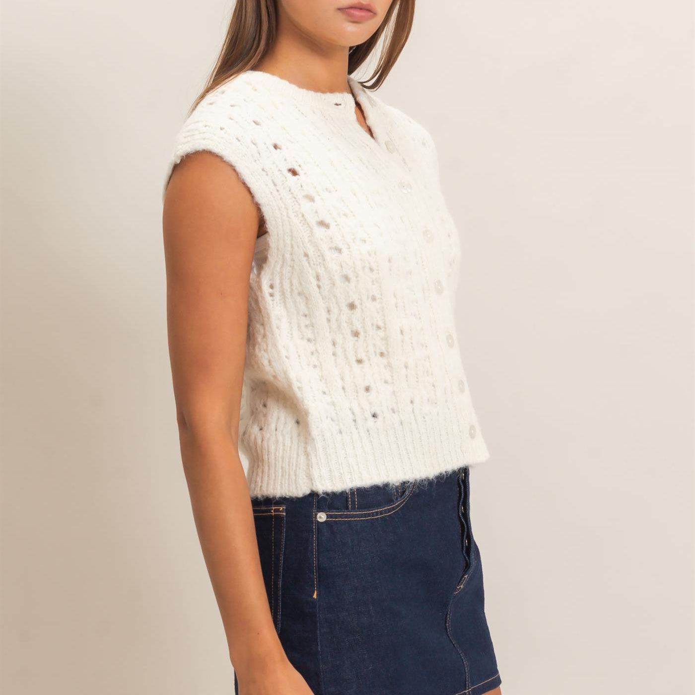 Wholesale Open Knit Sleeveless Button Front Sweater Vest Sweaters DZ26A829 CREAM DOUBLE ZERO