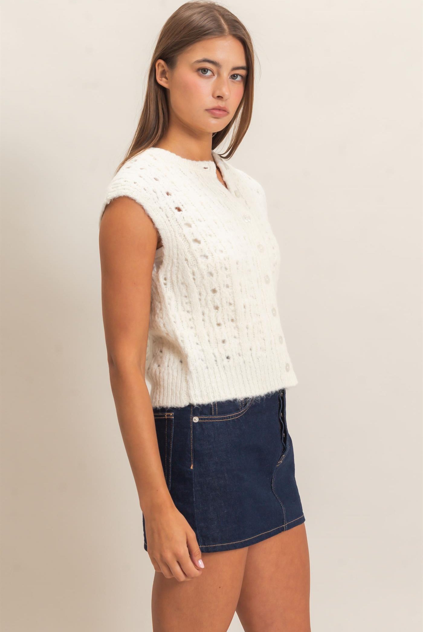 Wholesale Open Knit Sleeveless Button Front Sweater Vest Sweaters DZ26A829 CREAM DOUBLE ZERO