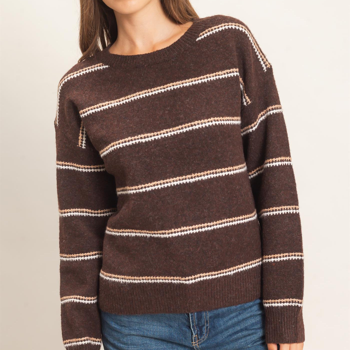 Wholesale Striped Crew Neck Sweater Sweaters HF26E696-D BROWN HYFVE
