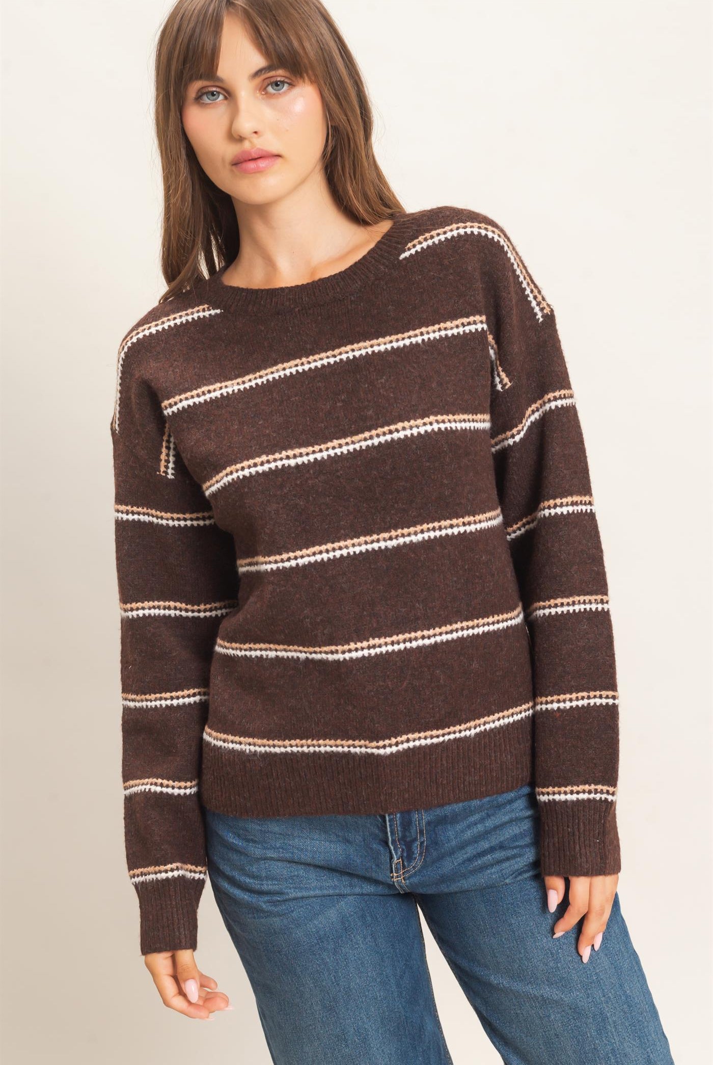 Wholesale Striped Crew Neck Sweater Sweaters HF26E696-D BROWN HYFVE