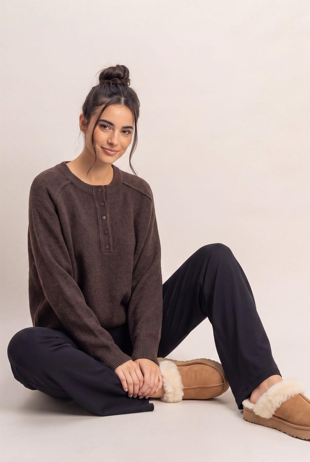 Wholesale Henley Sweater With Reverse Seams Sweaters DZ26F004 DARK BROWN DOUBLE ZERO