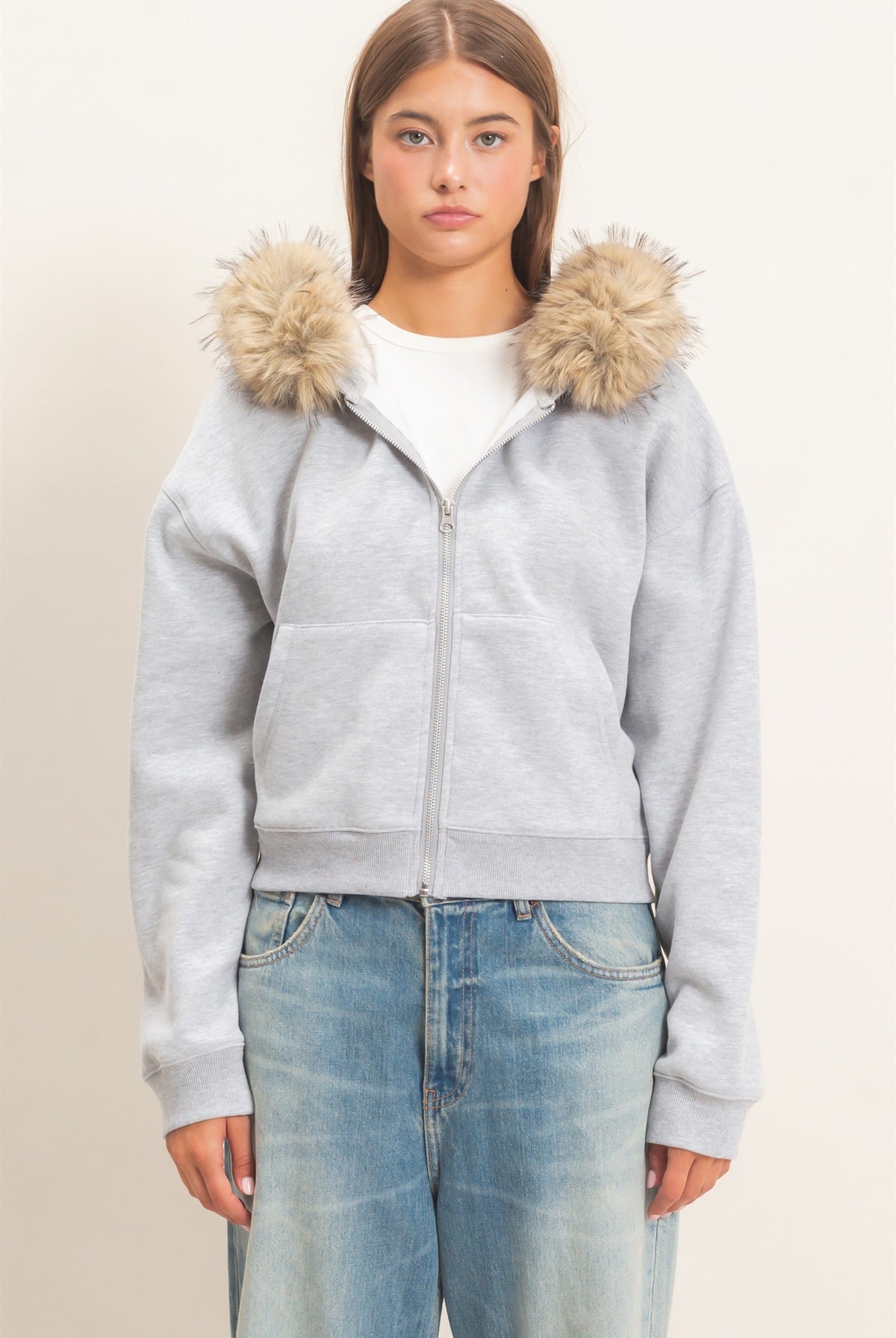 Wholesale Detachable Fur Zip Up Hoodie Hoodies DZ26F396 HEATHER GRAY DOUBLE ZERO