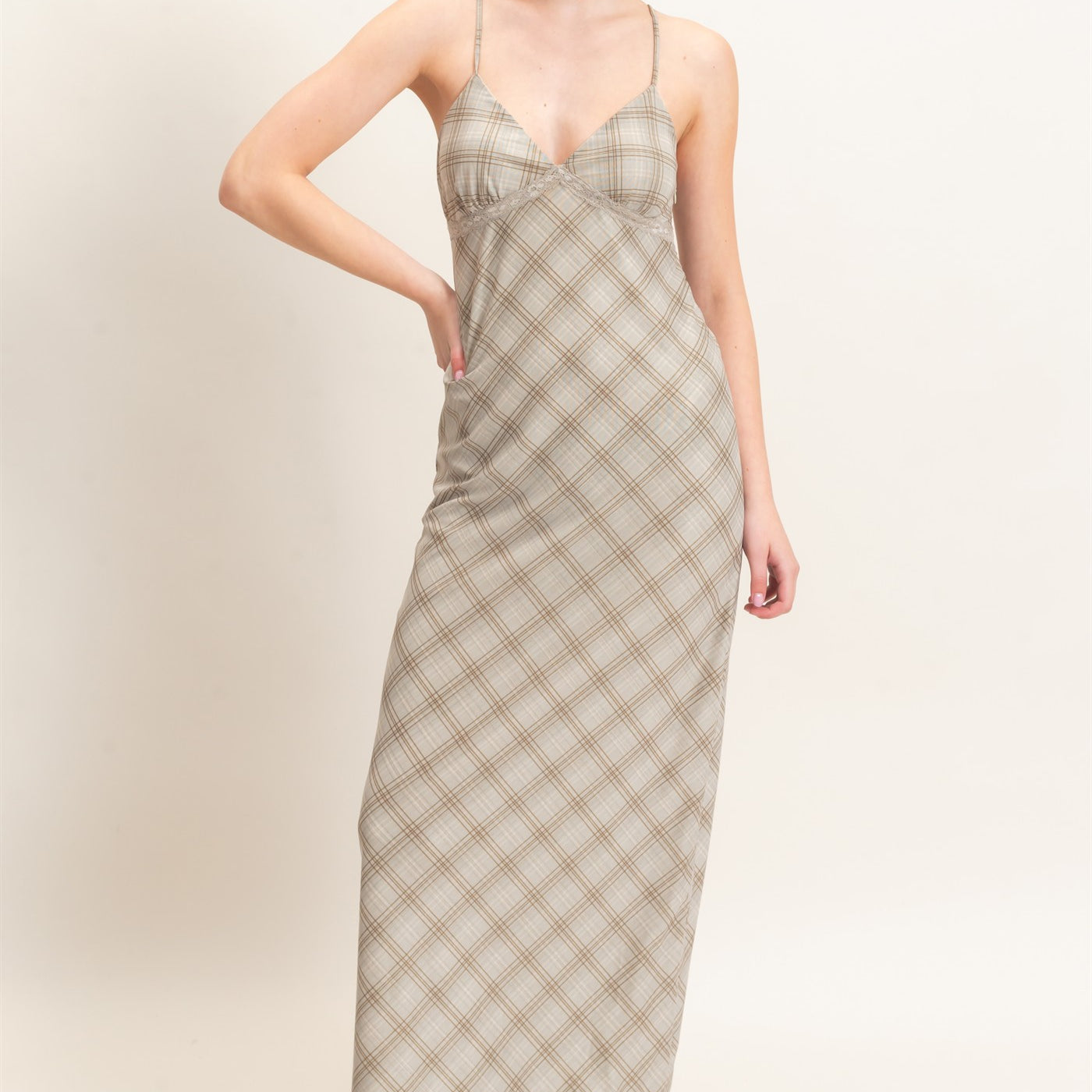 Wholesale Plaid Spaghetti Strap Midi Dress Dresses HF26E709 SAGE HYFVE