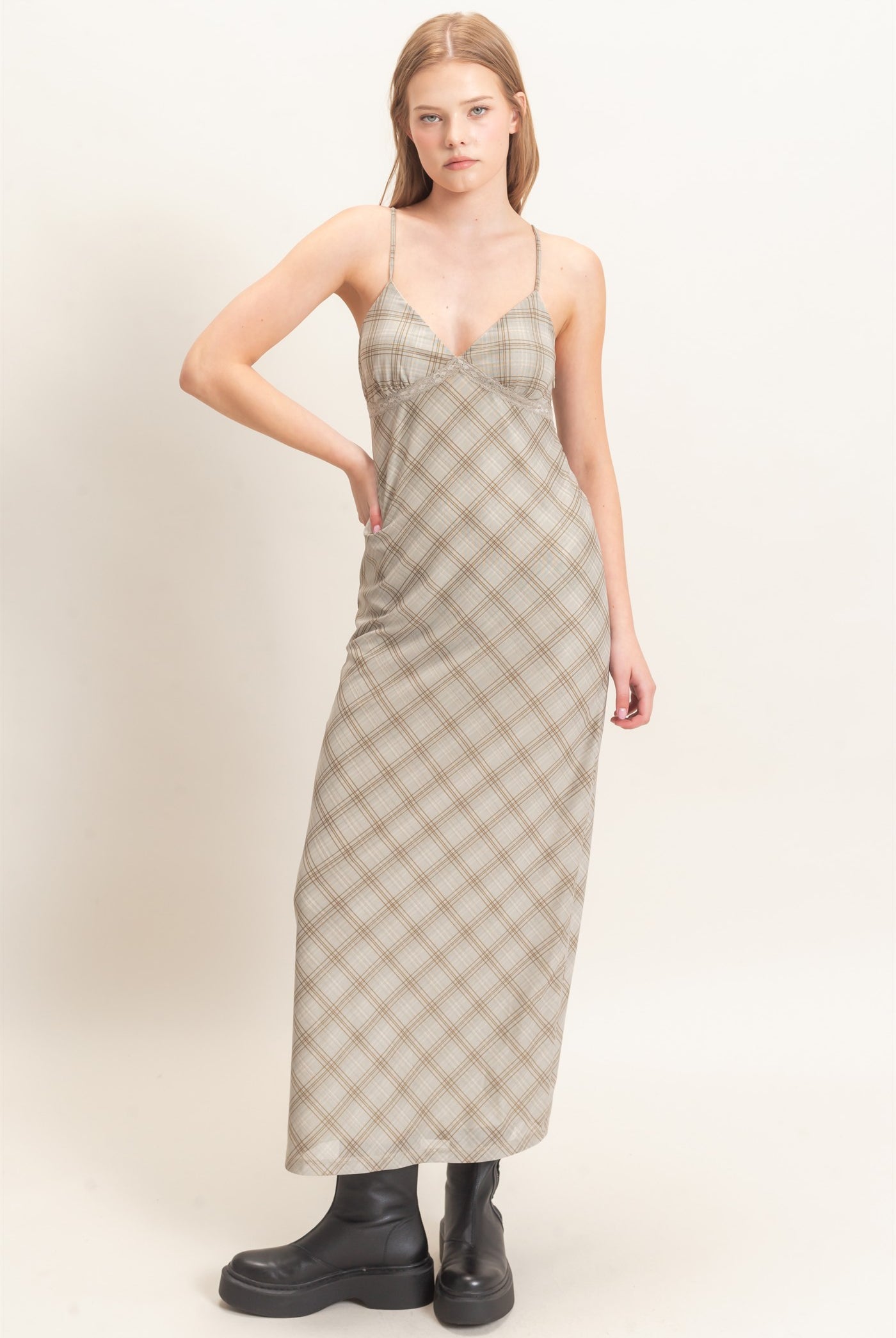 Wholesale Plaid Spaghetti Strap Midi Dress Dresses HF26E709 SAGE HYFVE