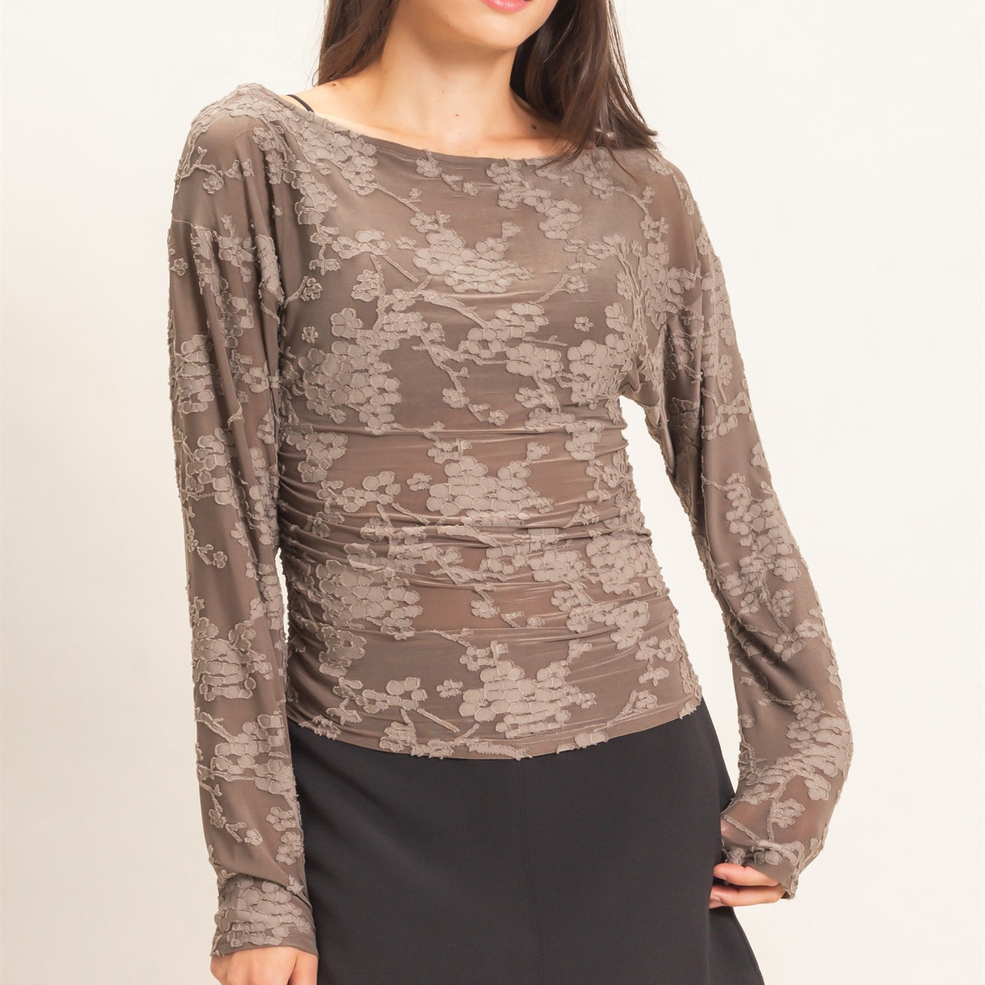Wholesale Sheer Lace Boat Neck Top Blouses HF26E761 GRAY HYFVE