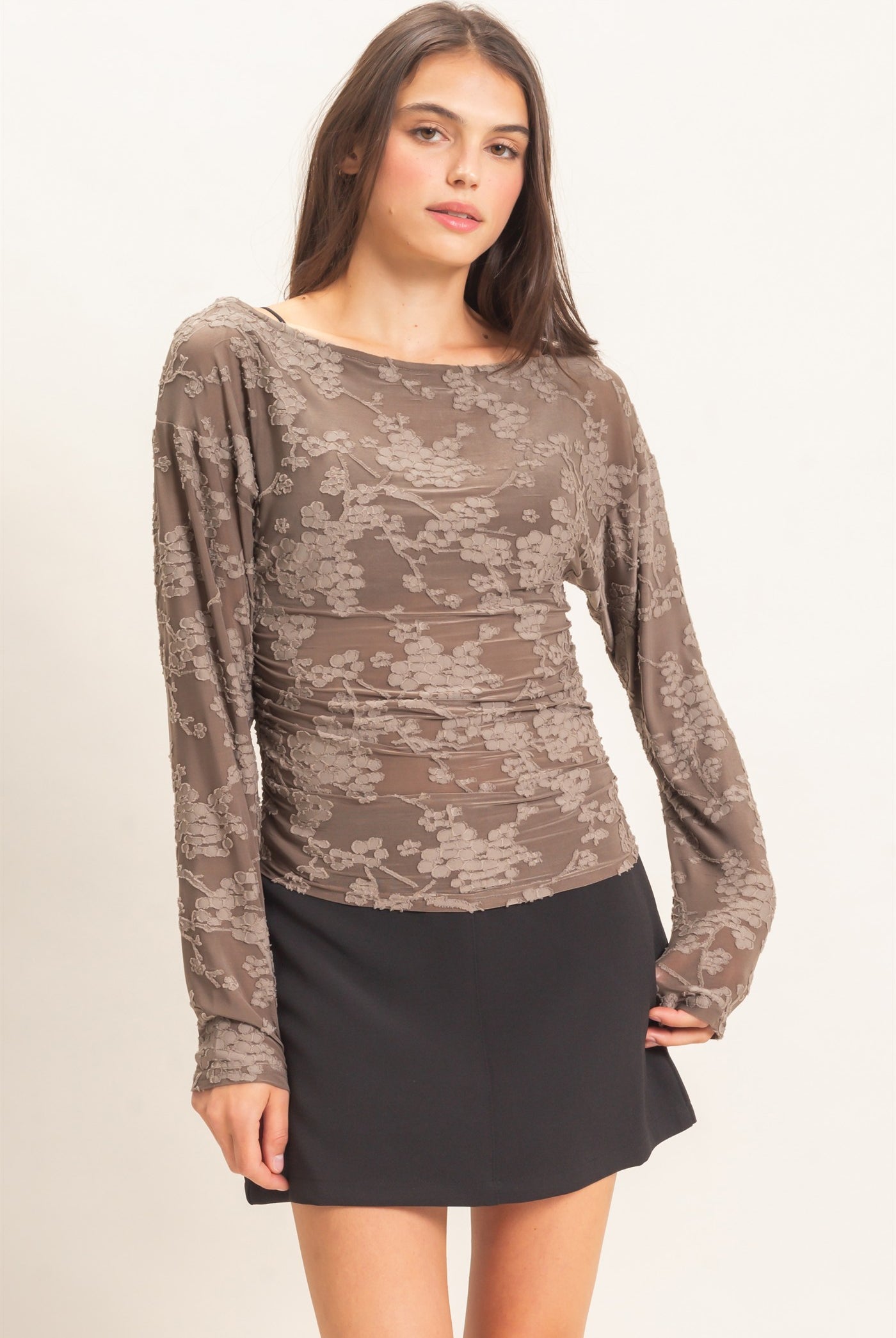 Wholesale Sheer Lace Boat Neck Top Blouses HF26E761 GRAY HYFVE