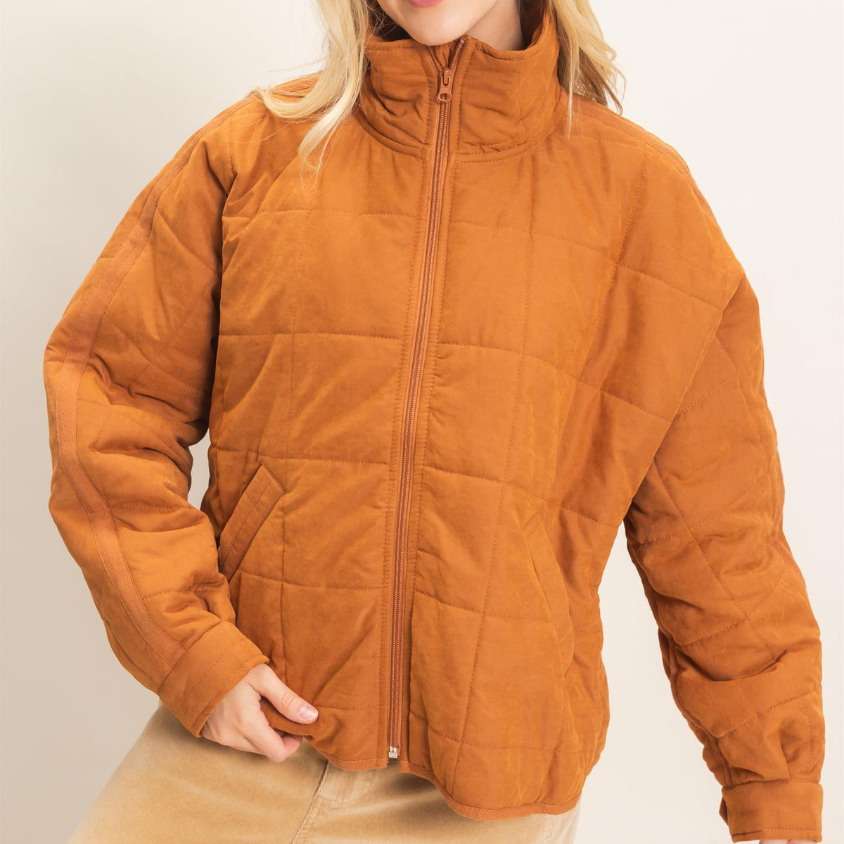 Wholesale Quilted High Collar Jacket Coats & Jackets HF26F167-D CAMEL HYFVE