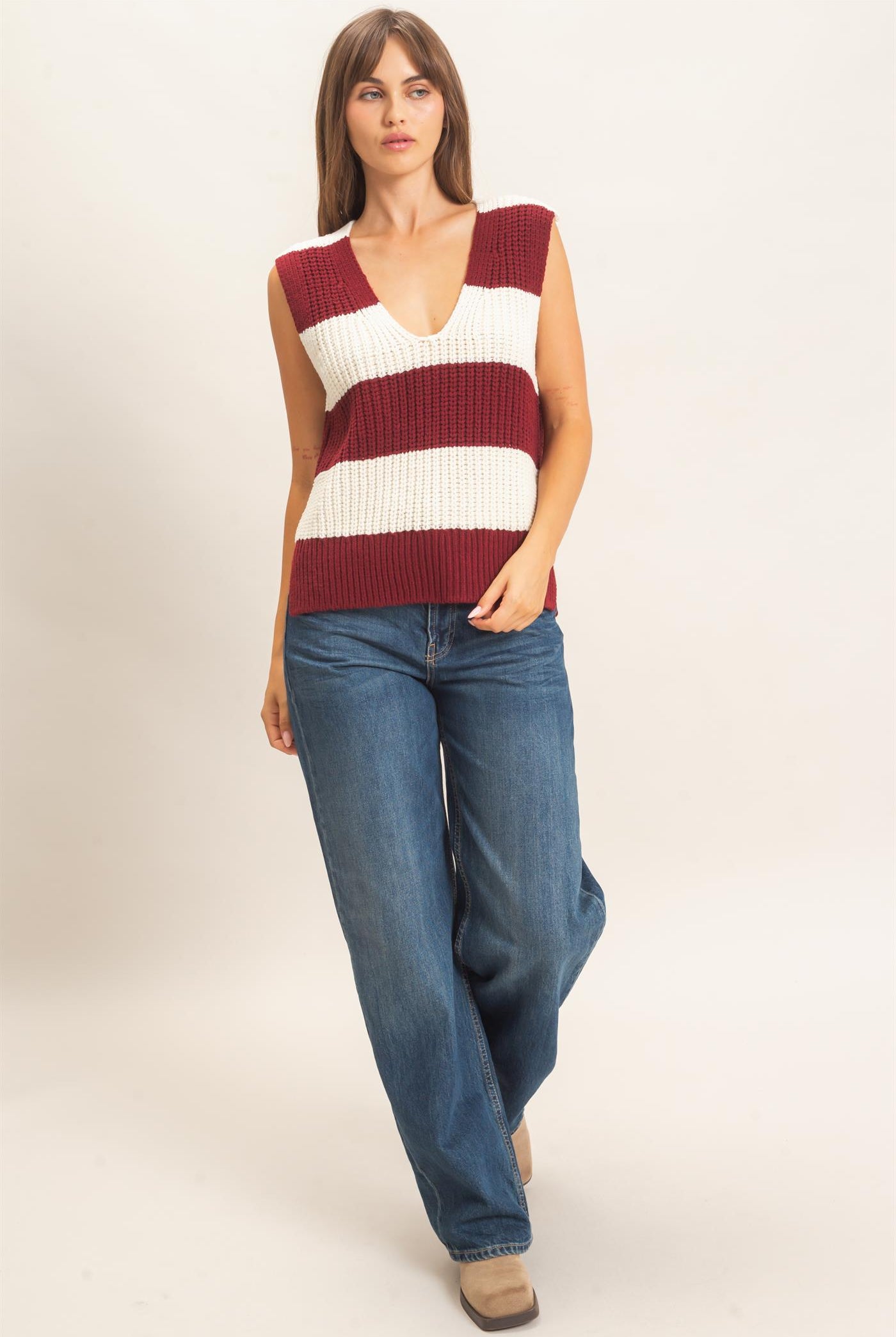 Wholesale V-Neck Striped Sweater Vest Sweaters HF26E482-D BURGUNDY HYFVE