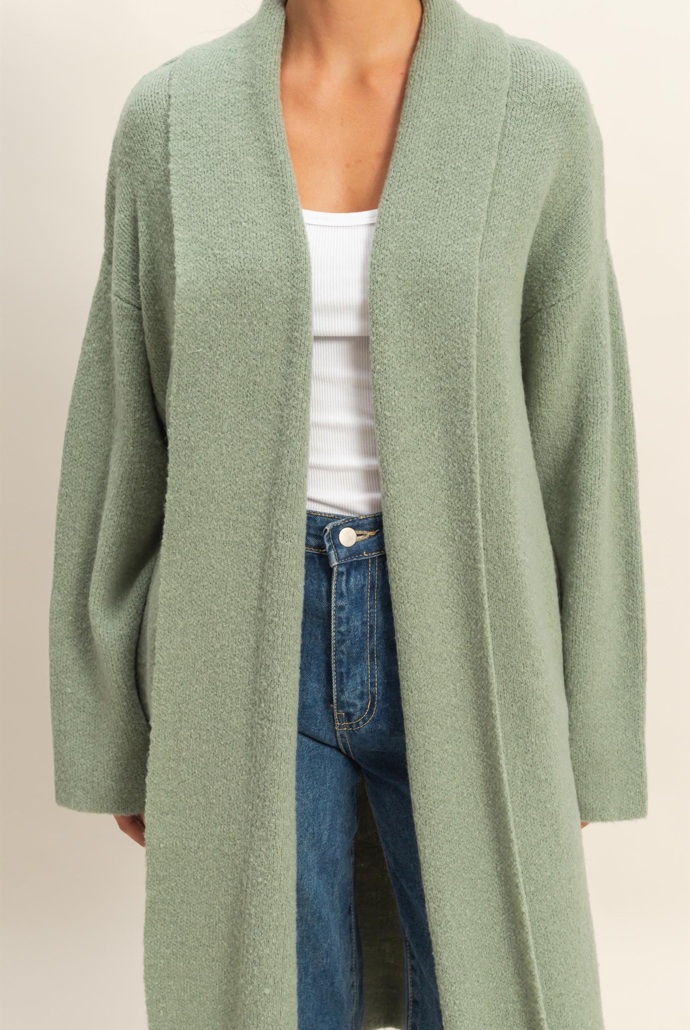Wholesale Longline Open Front Duster Sweater Cardigans DZ25F435 SAGE GREEN DOUBLE ZERO