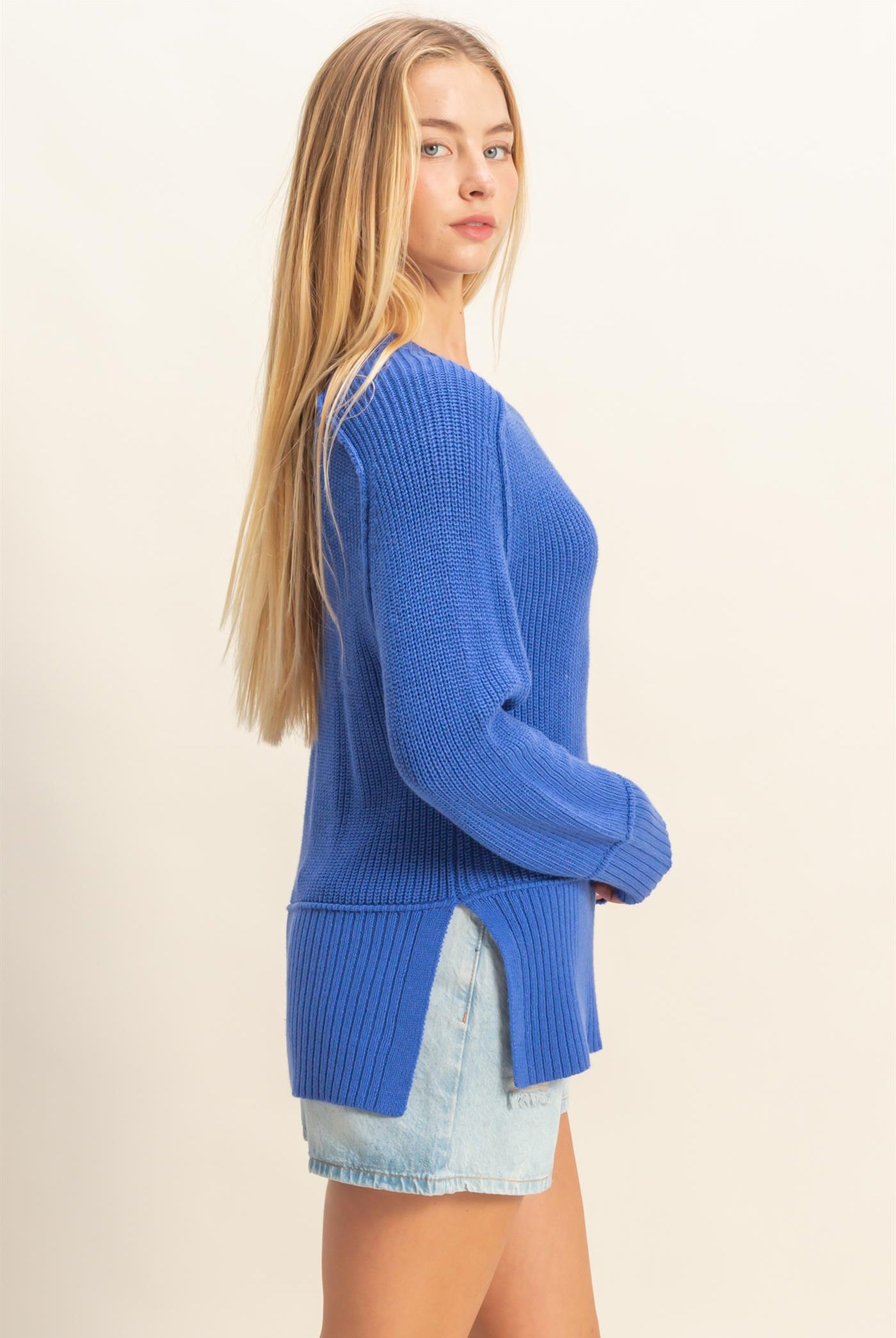Wholesale Ragaln Long Sleeve Side Slit Sweater Sweaters DZ25E812 COBALT DOUBLE ZERO