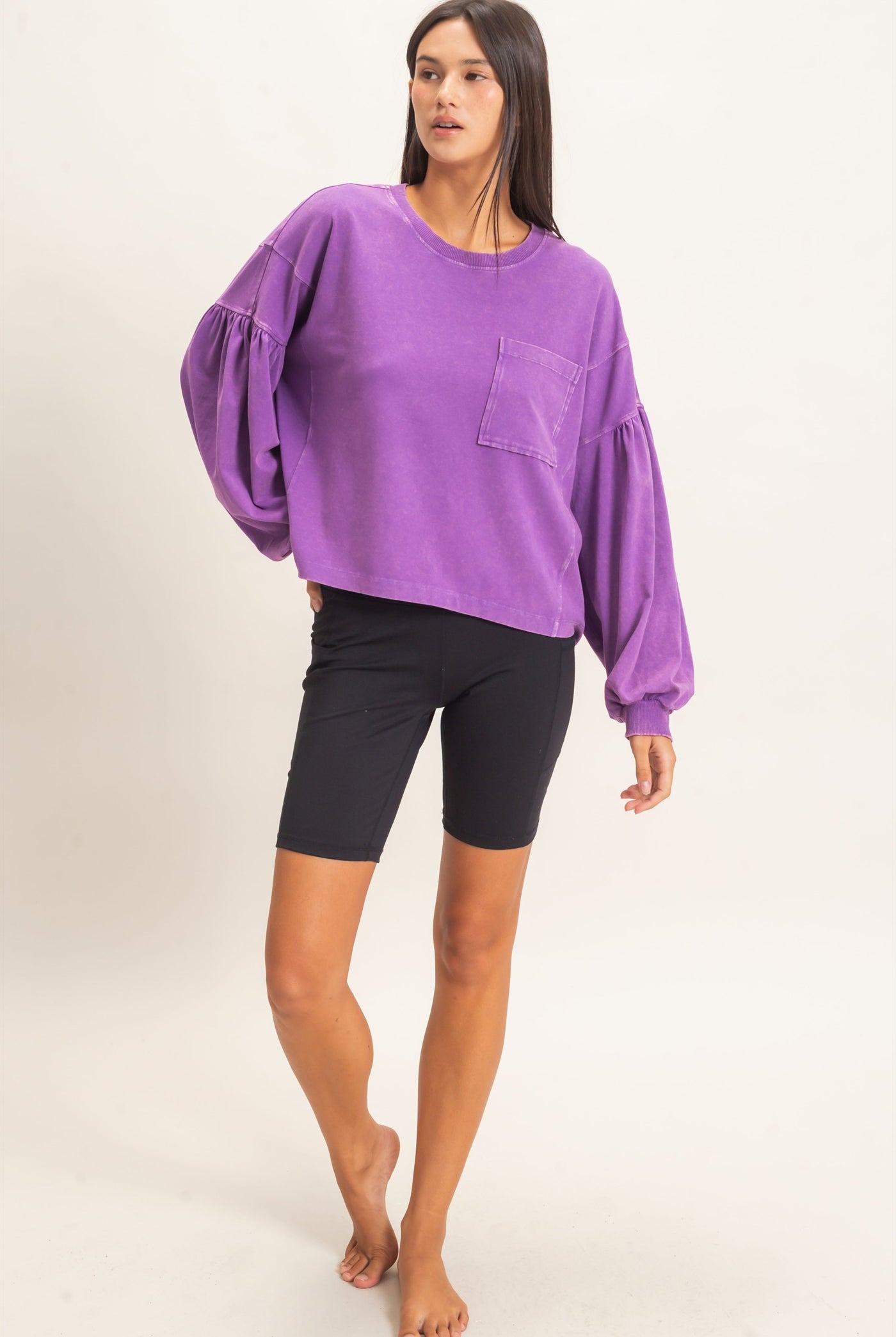 Wholesale Mineral Wash Puff Long Sleeve Boxy Top Clothing Tops DZ26F402 PLUM DOUBLE ZERO