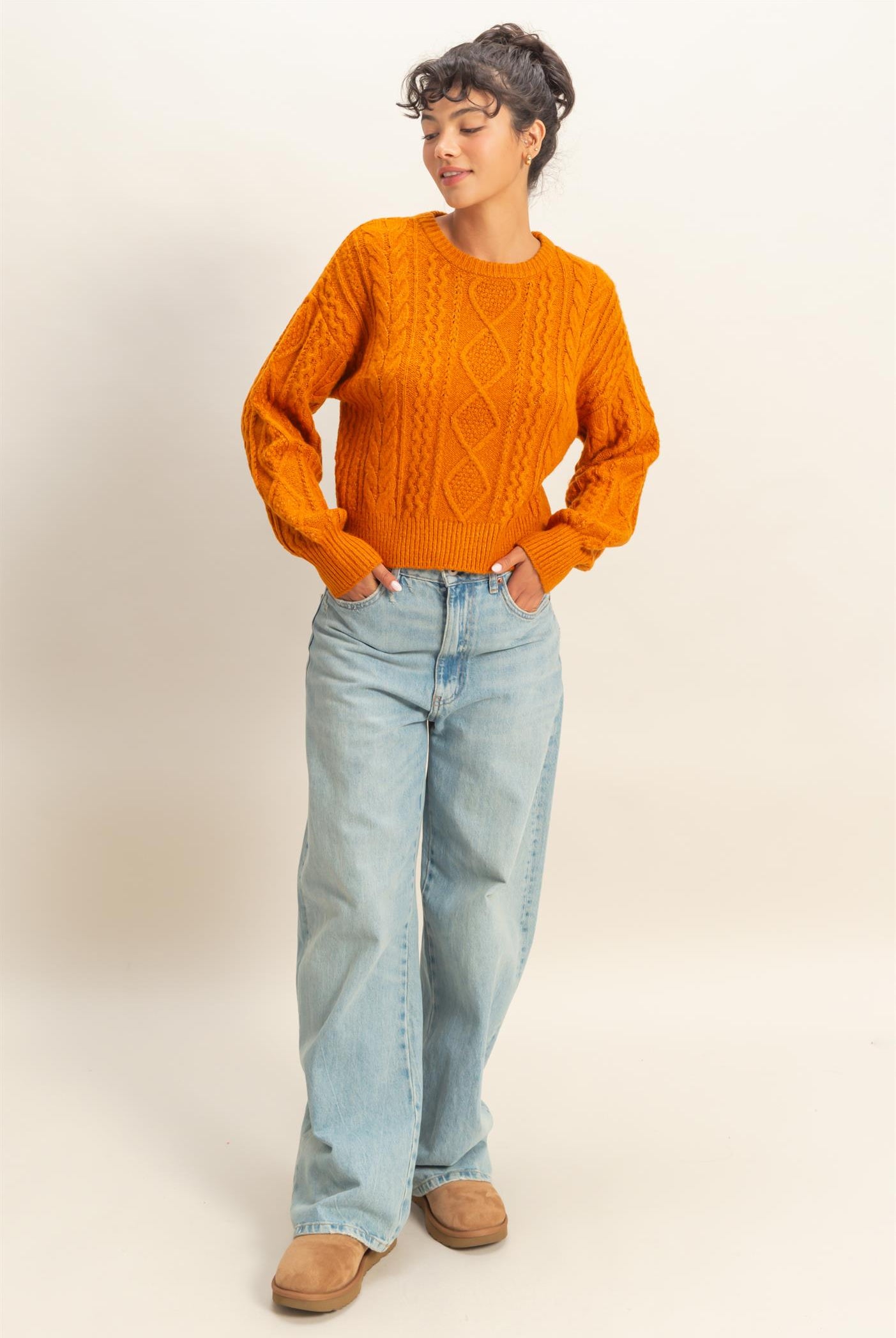 Wholesale Cable Knit Balloon Sleeve Sweater Sweaters DZ25F126 CARAMEL DOUBLE ZERO