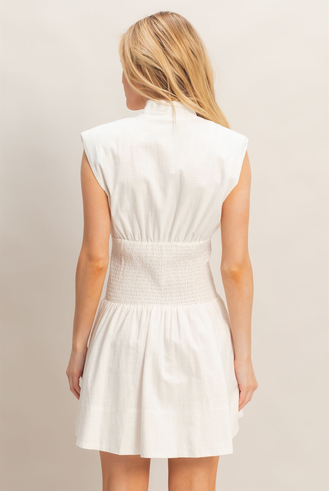 Wholesale Zip Front Shirred Waist Dress Dresses HF26A112 OFF WHITE HYFVE