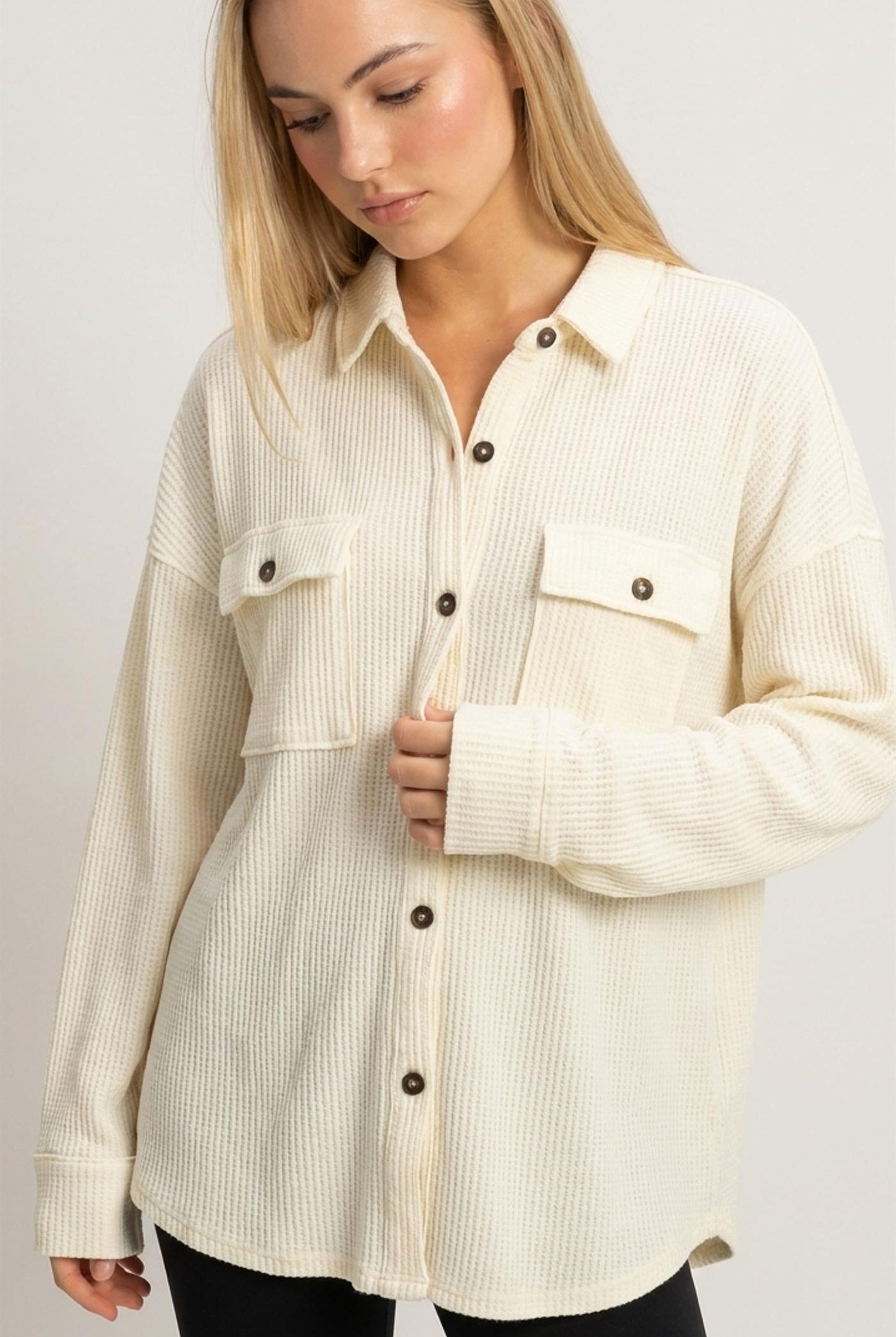 Wholesale Mineral Wash Waffle Knit Button-Up Shacket Coats & Jackets DZ26E249 CREAM DOUBLE ZERO