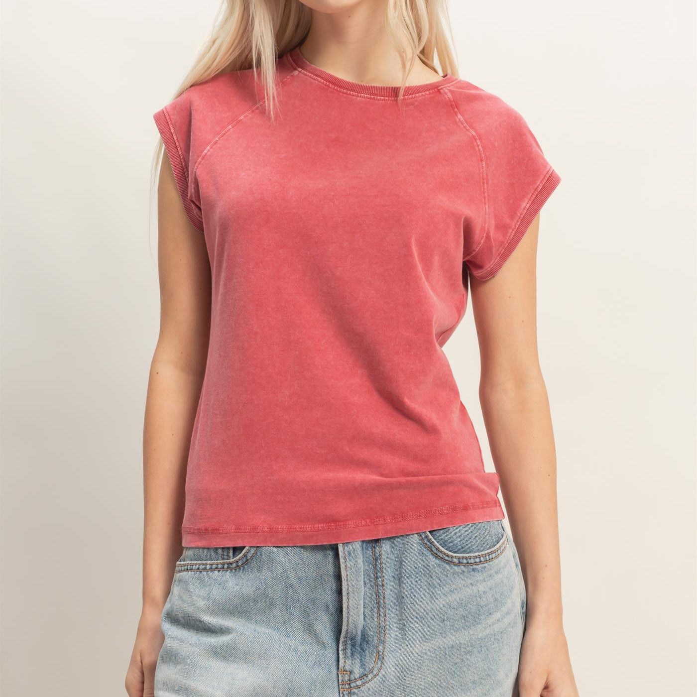 Wholesale Mineral Wash Raglan Short Sleeve Top T-Shirts DZ26A741 DARK RED DOUBLE ZERO