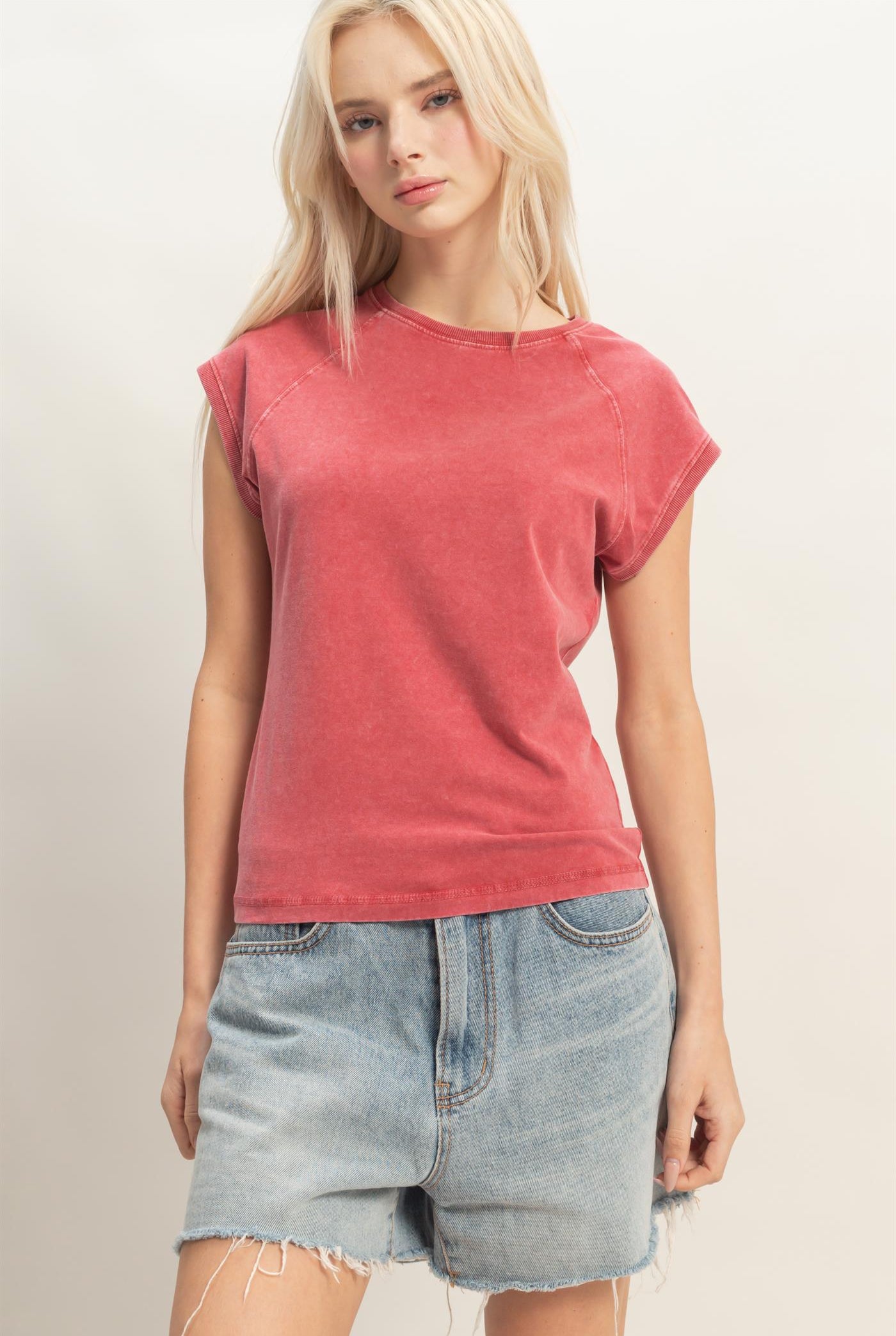 Wholesale Mineral Wash Raglan Short Sleeve Top T-Shirts DZ26A741 DARK RED DOUBLE ZERO