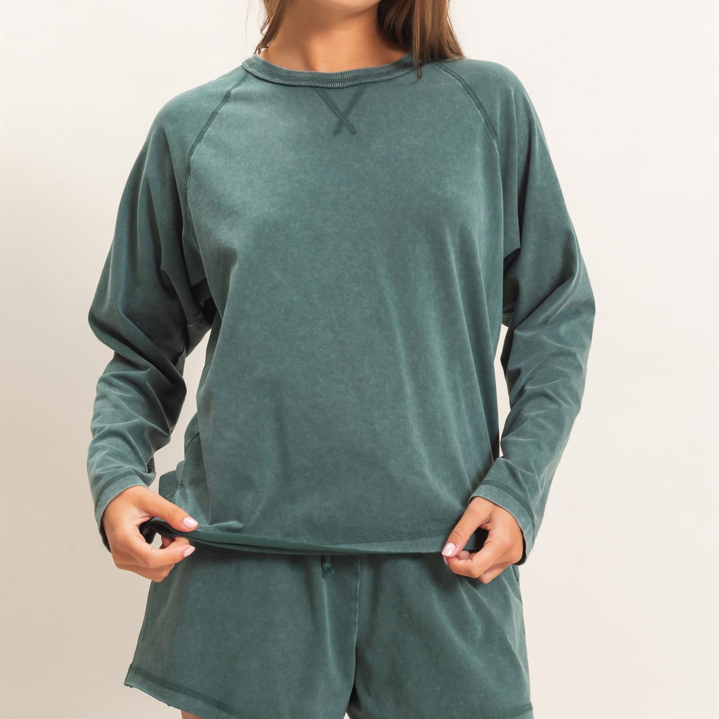 Wholesale Mineral Wash Long Sleeve Raw Edge Top & Shorts Set Clothing DZ26F403-SET DARK GREEN DOUBLE ZERO