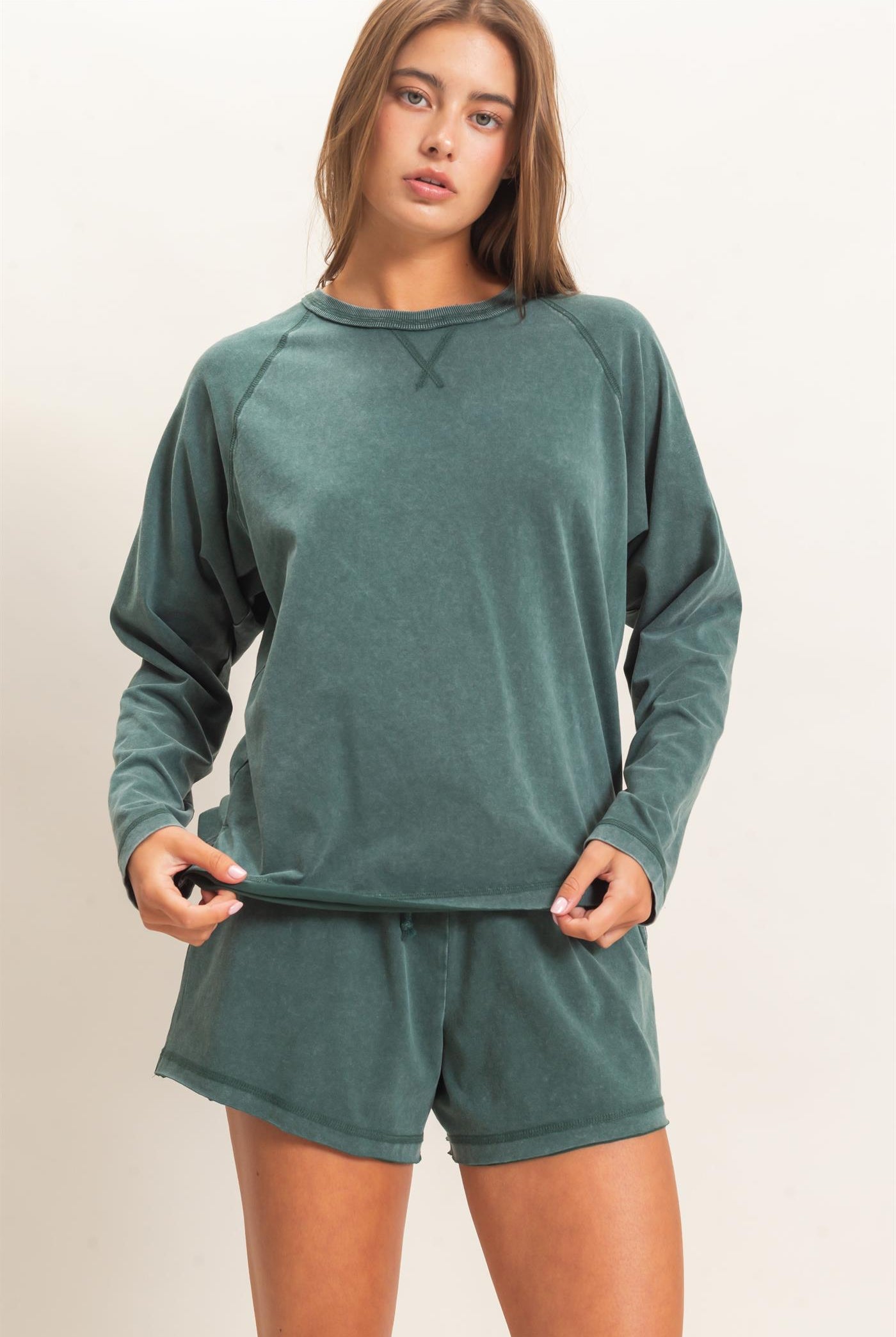 Wholesale Mineral Wash Long Sleeve Raw Edge Top & Shorts Set Clothing DZ26F403-SET DARK GREEN DOUBLE ZERO