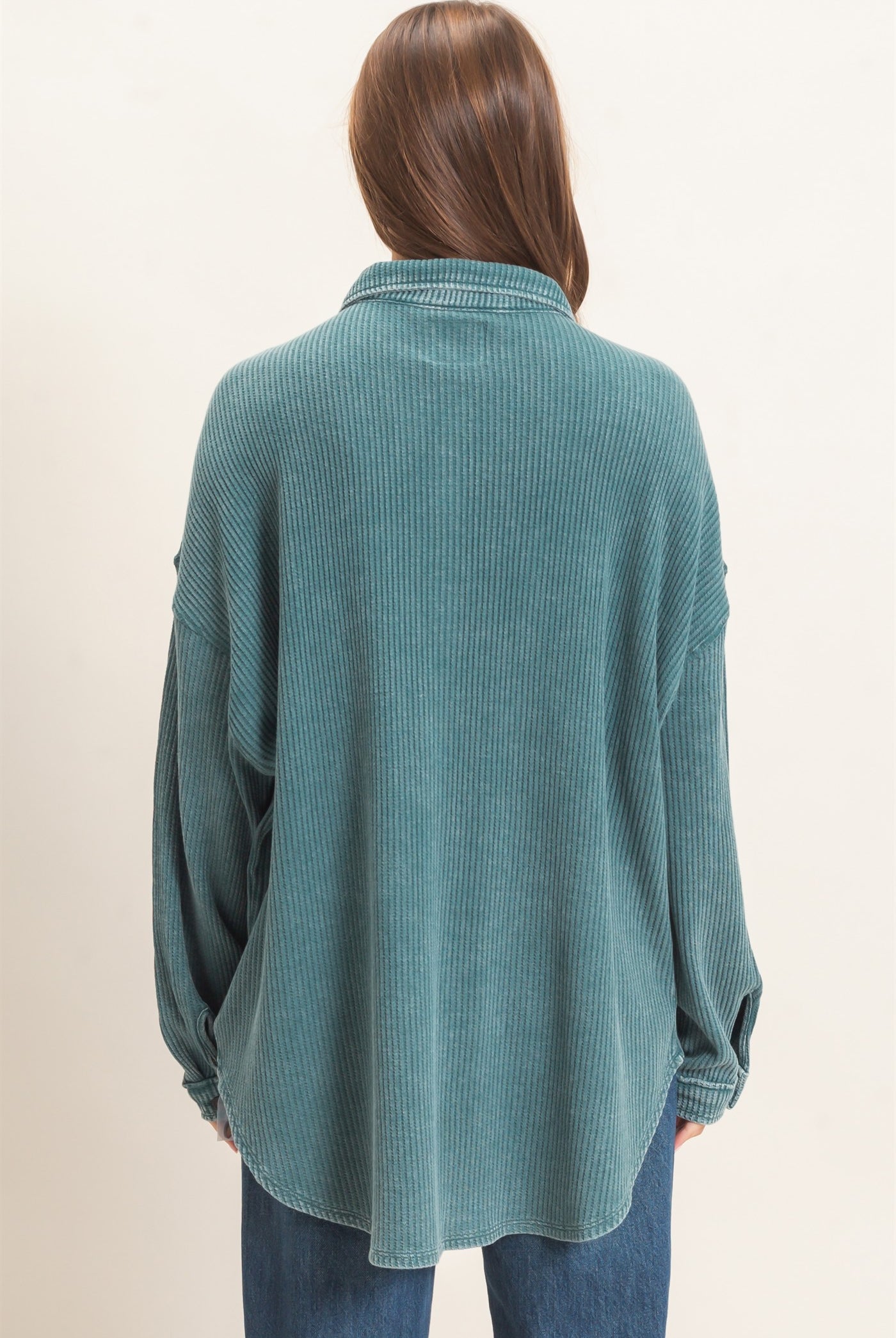 Wholesale Mineral Wash Waffle Knit Button-Up Shacket Coats & Jackets DZ26E249 DARK TEAL DOUBLE ZERO
