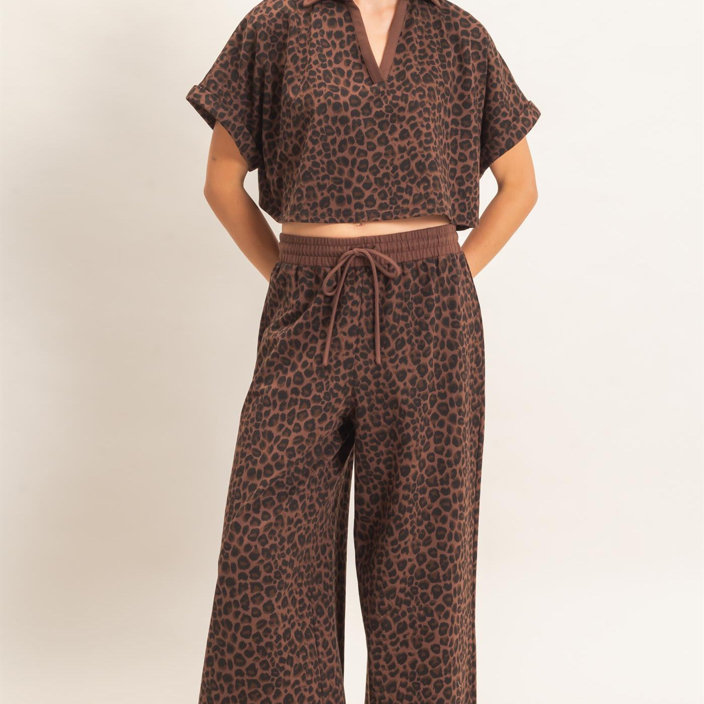 Wholesale Leopard Print Top And Pant Set Clothing HF26E704-SET BROWN HYFVE