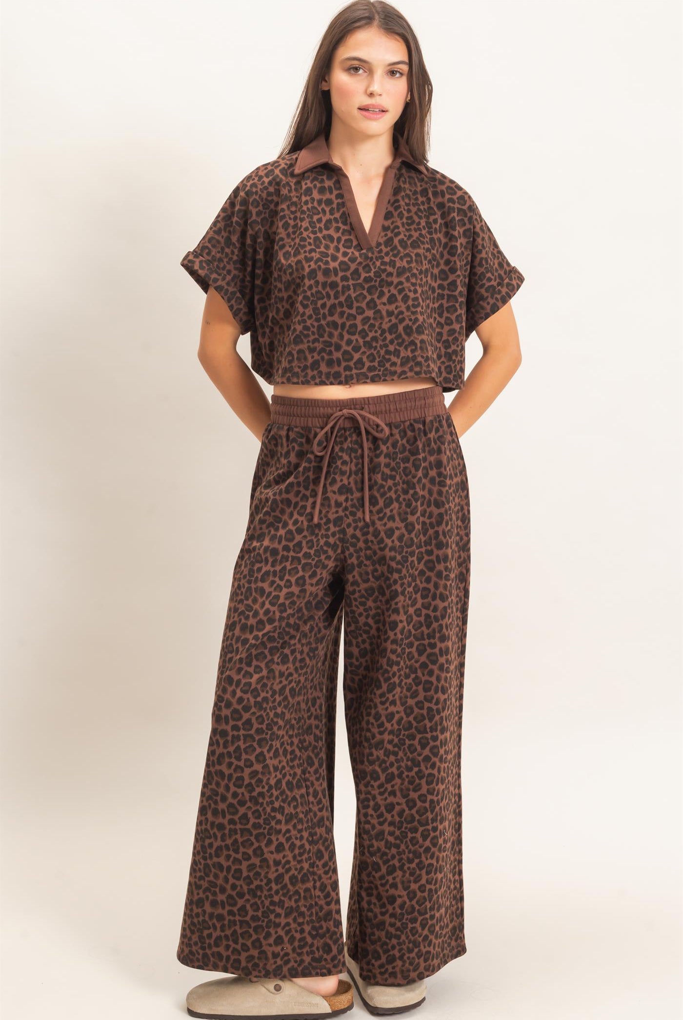 Wholesale Leopard Print Top And Pant Set Clothing HF26E704-SET BROWN HYFVE