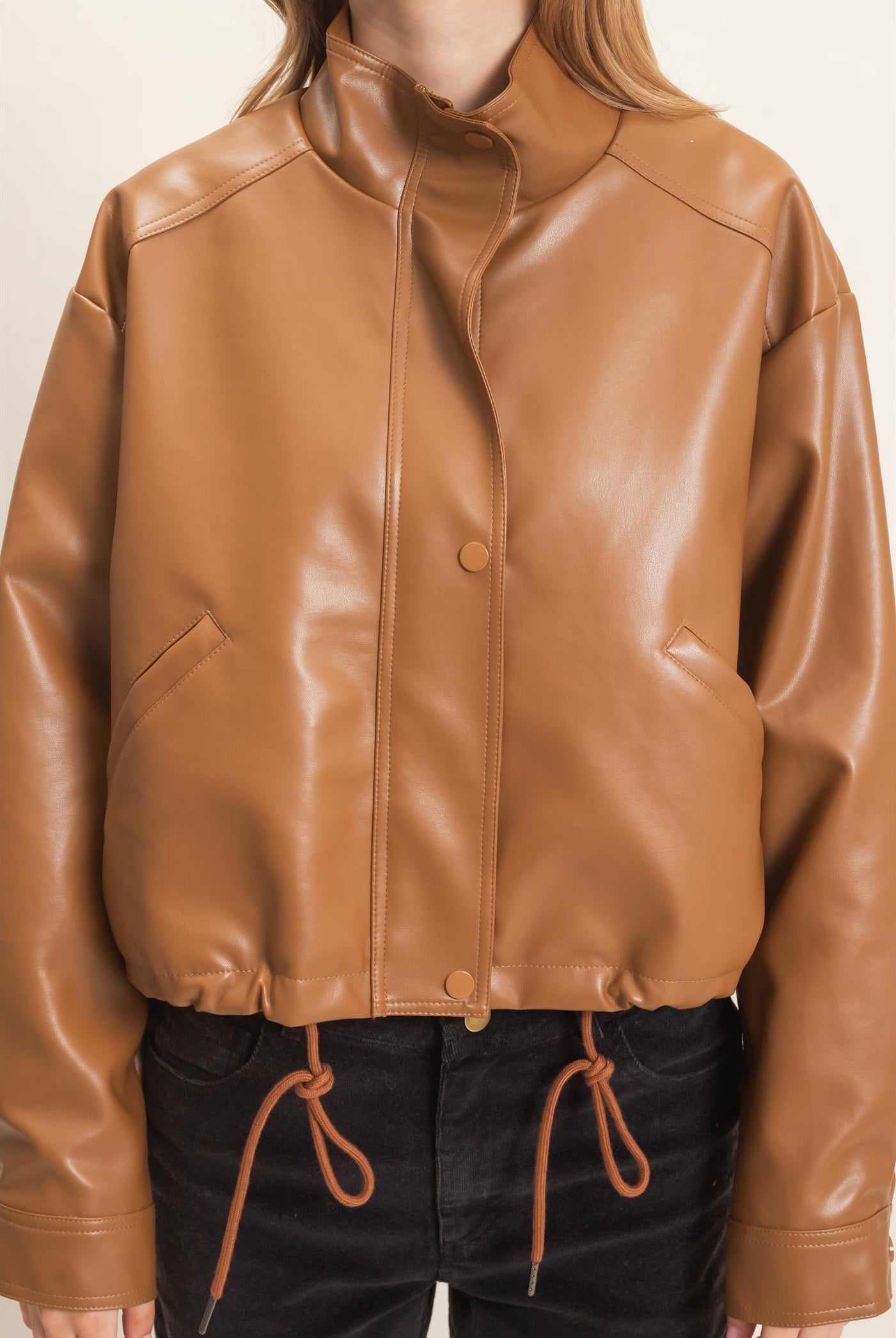 Wholesale Faux Leather Jacket With Stand Collar Bomber Jackets HF25F452 BROWN HYFVE